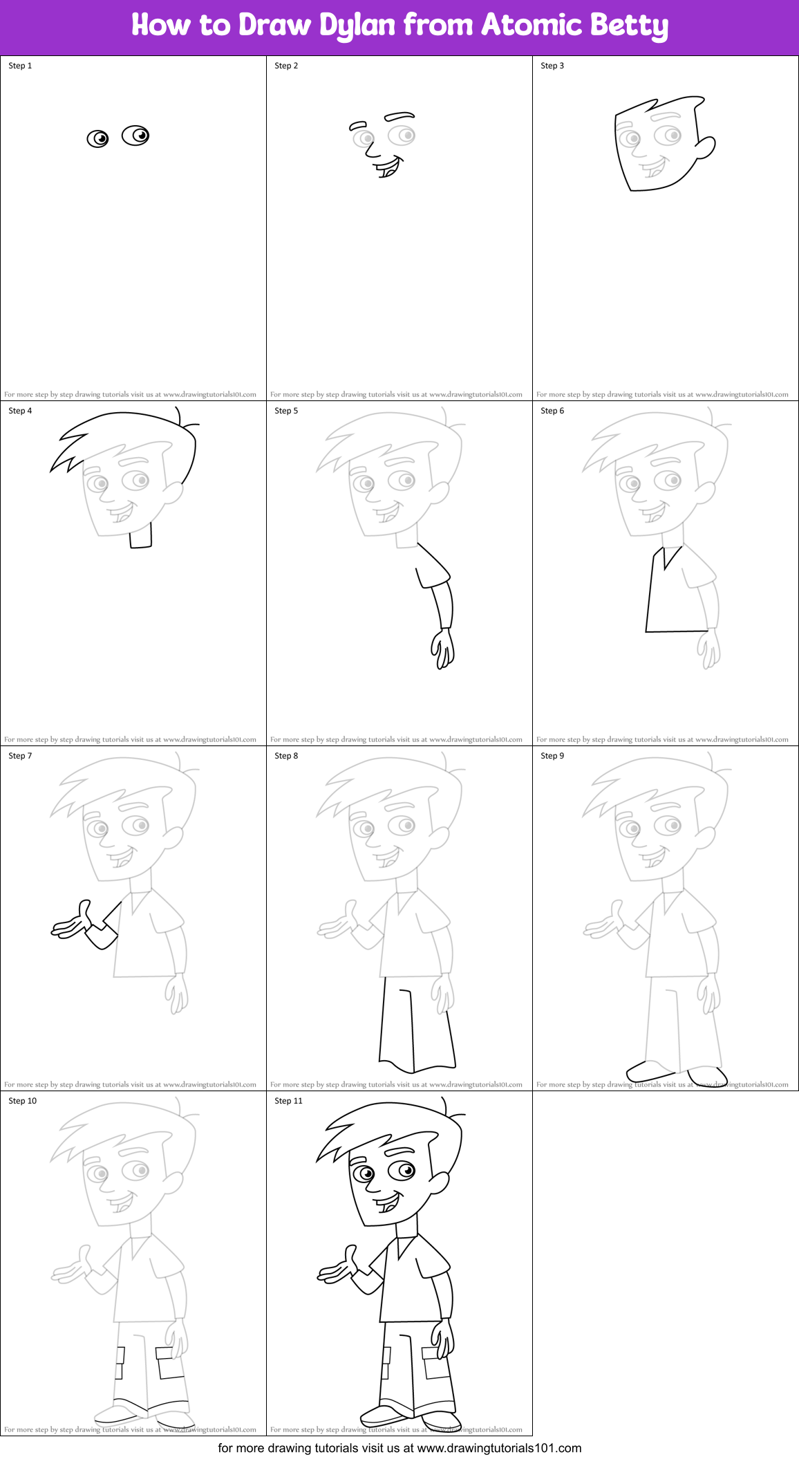 How to Draw Dylan from Atomic Betty Printable Step by Step