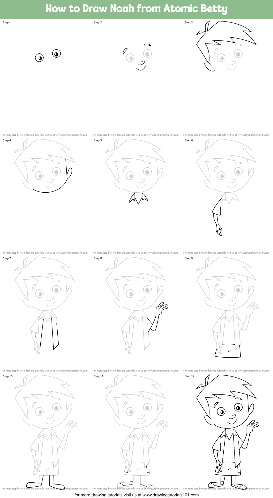 How to Draw Noah from Atomic Betty Printable Step by Step