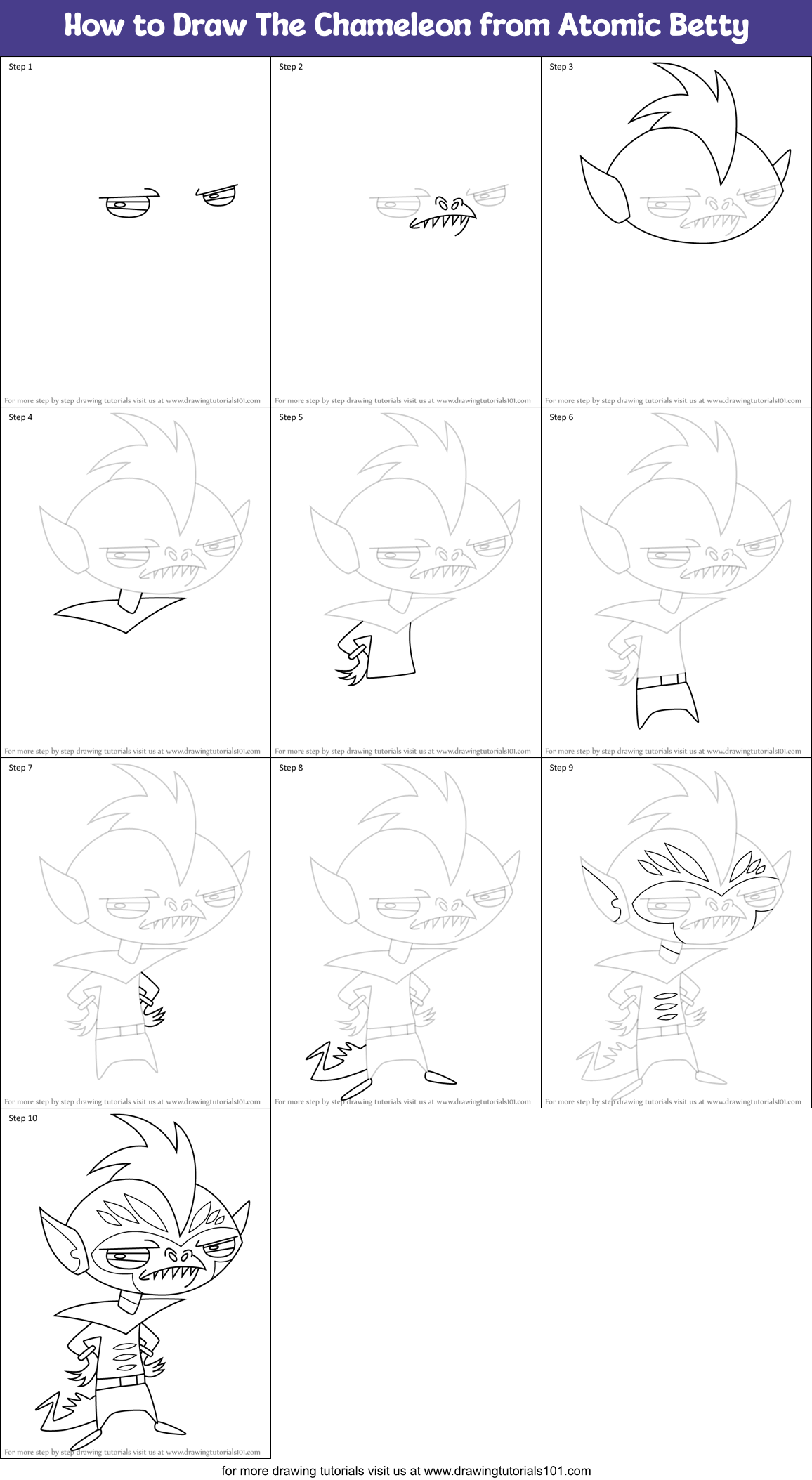 How to Draw The Chameleon from Atomic Betty Printable Step by Step