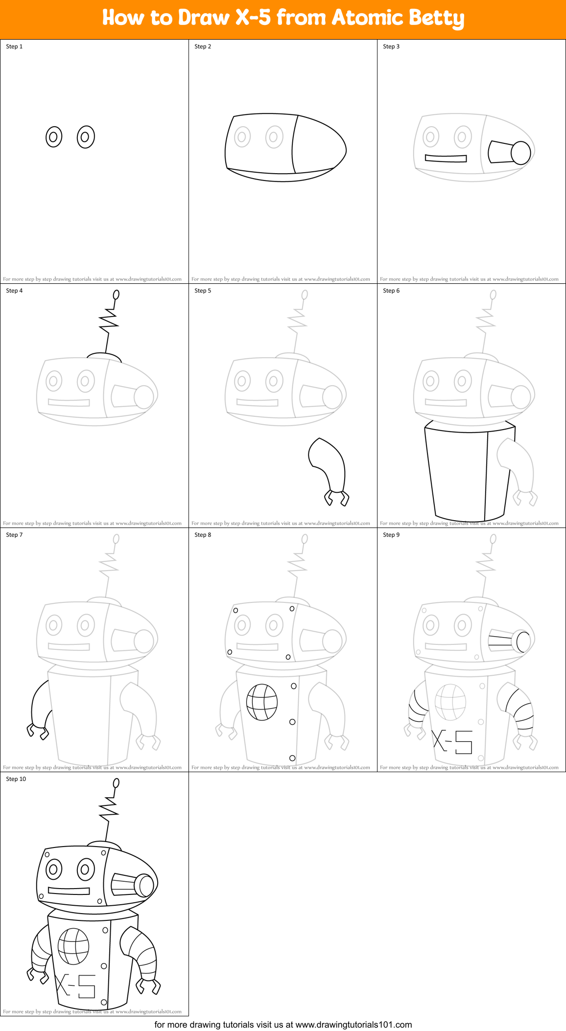 How to Draw X-5 from Atomic Betty Printable Step by Step