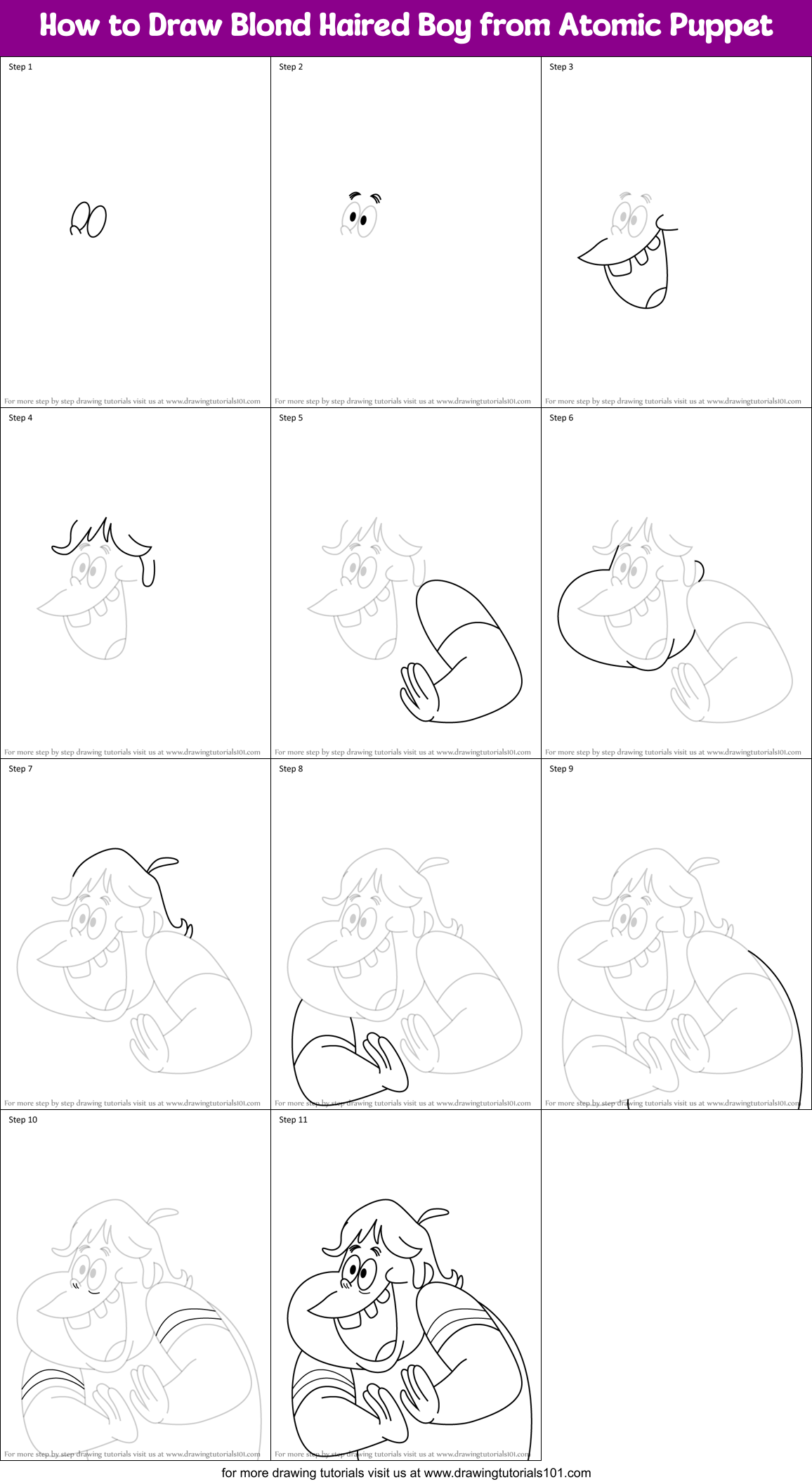 How to Draw Blond Haired Boy from Atomic Puppet Printable Step by Step