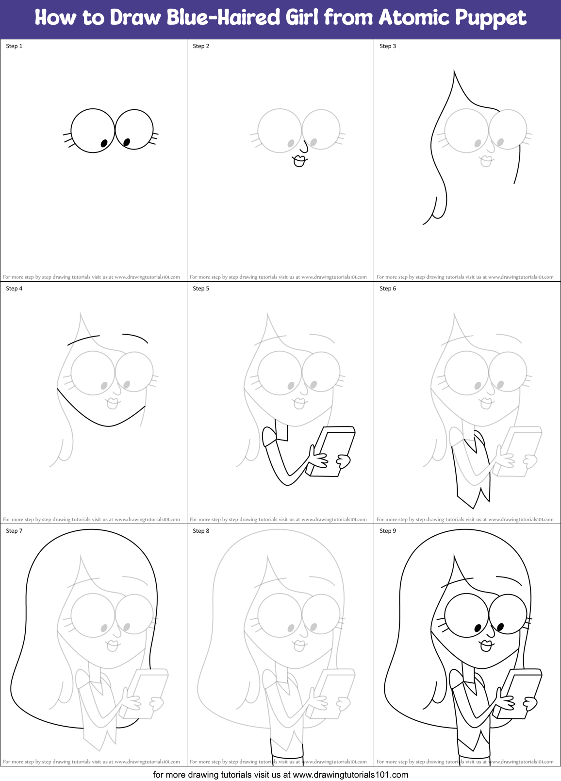 How to Draw Blue-Haired Girl from Atomic Puppet Printable Step by Step