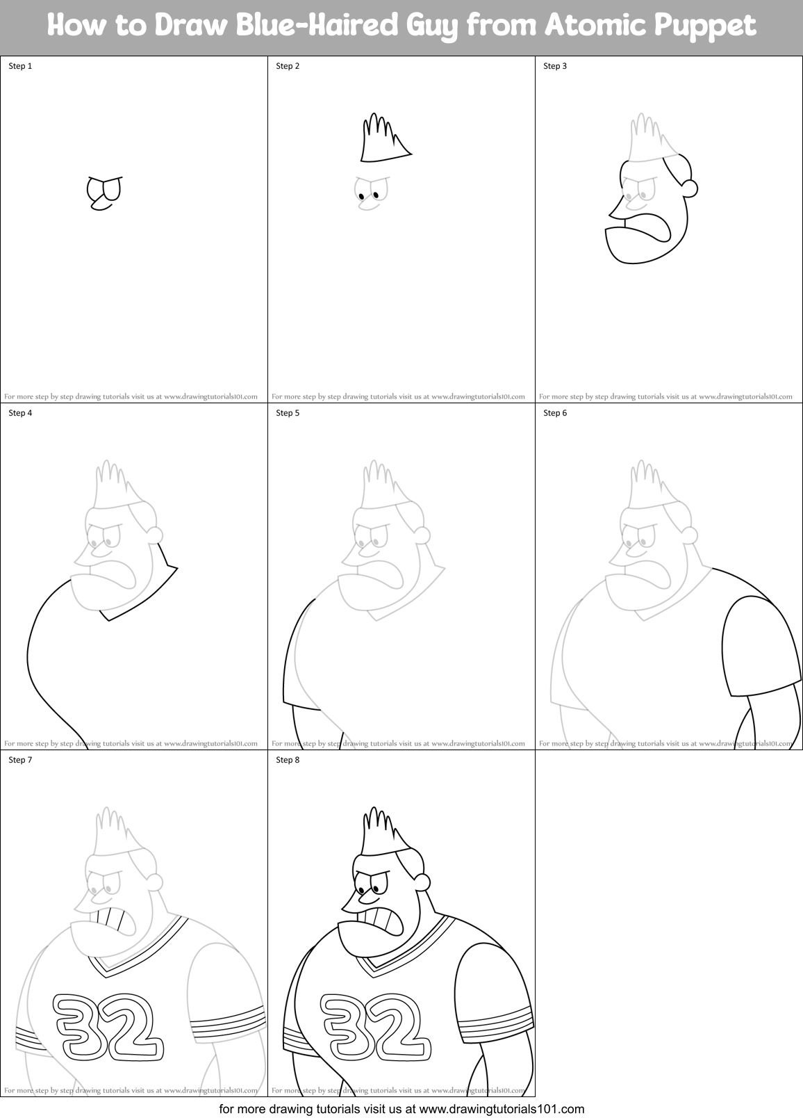 How to Draw Blue-Haired Guy from Atomic Puppet Printable Step by Step
