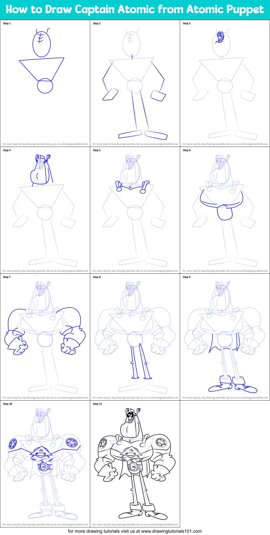 How to Draw Captain Atomic from Atomic Puppet Printable Step by Step