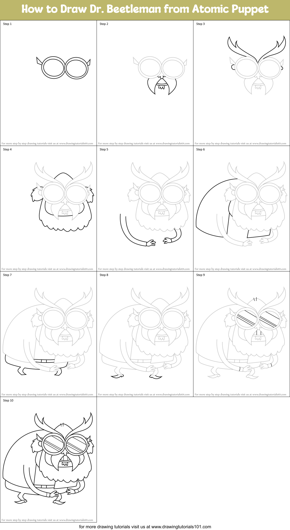 How to Draw Dr. Beetleman from Atomic Puppet Printable Step by Step