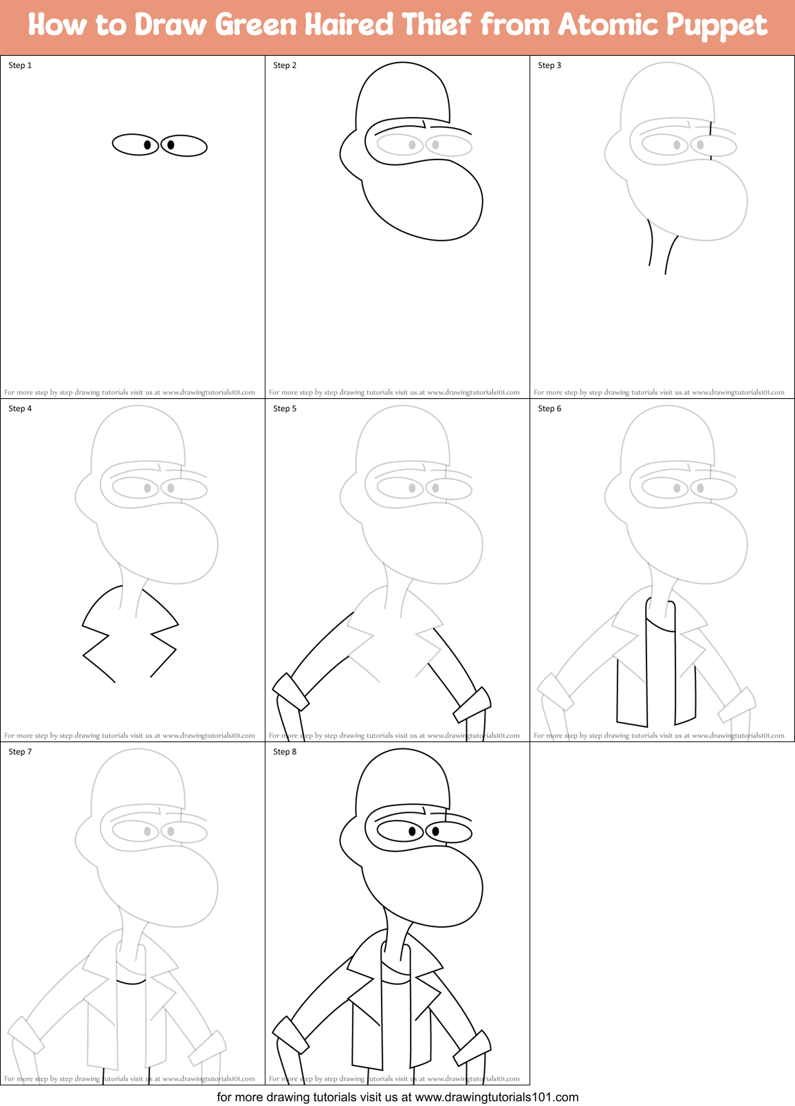 How to Draw Green Haired Thief from Atomic Puppet Printable Step by Step