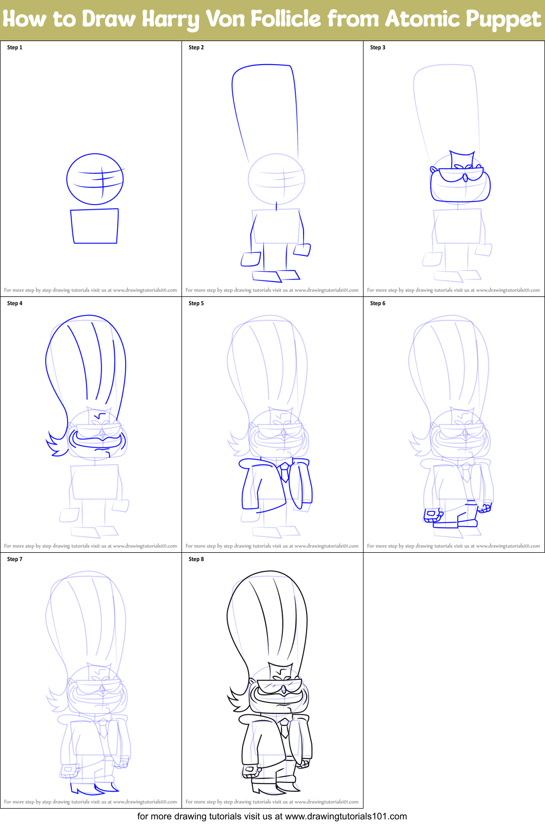 How to Draw Harry Von Follicle from Atomic Puppet Printable Step by Step