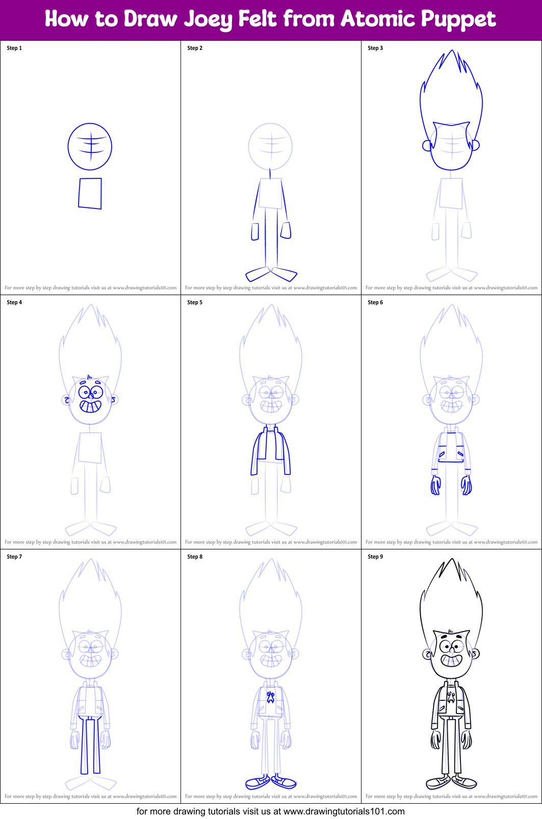 How to Draw Joey Felt from Atomic Puppet Printable Step by Step