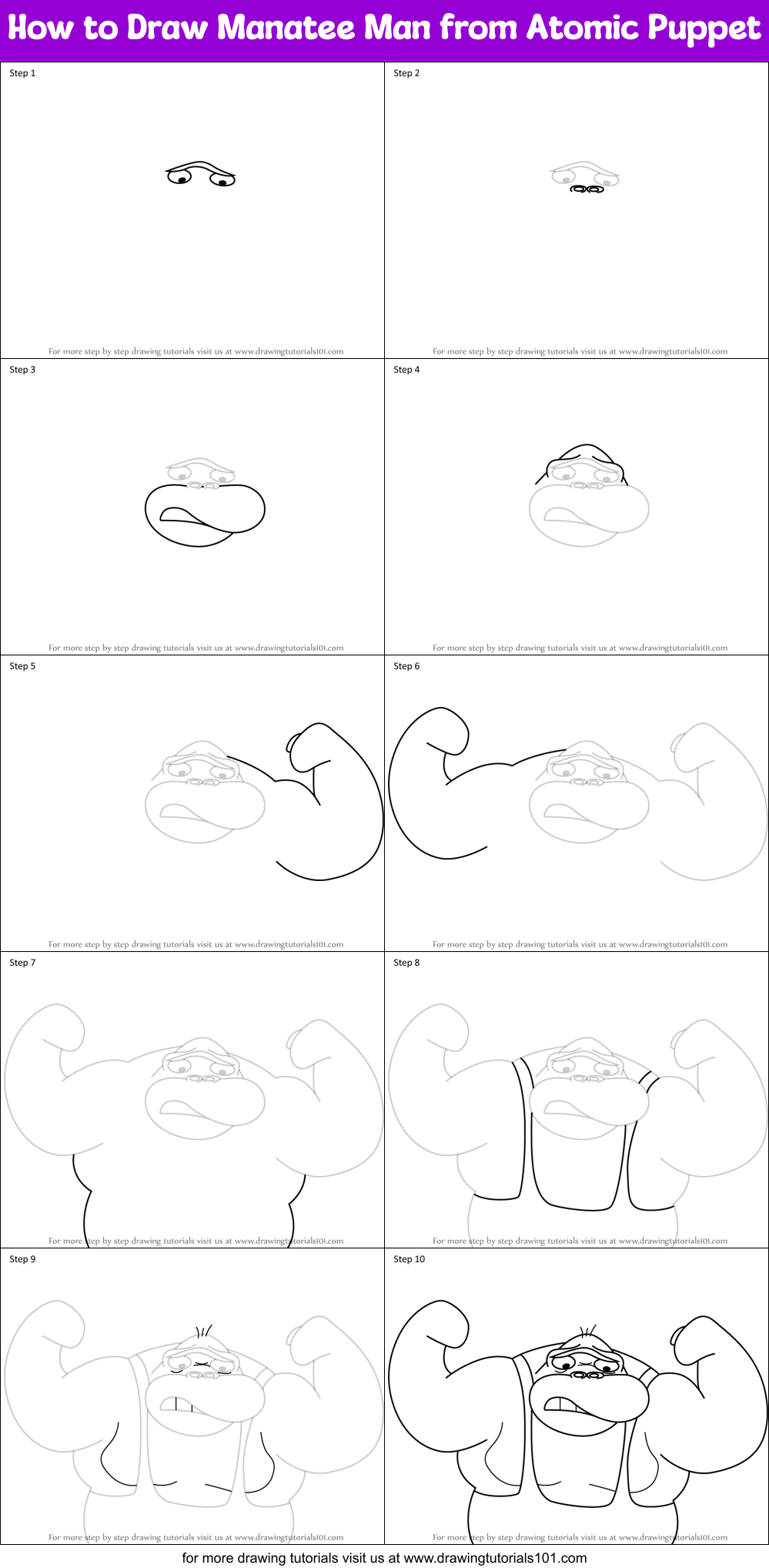 How to Draw Manatee Man from Atomic Puppet Printable Step by Step