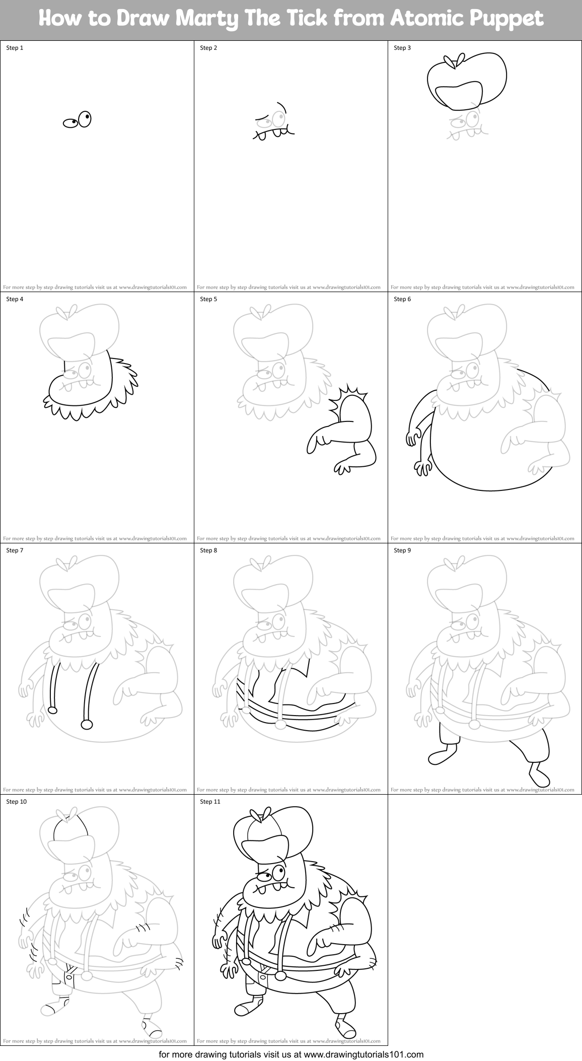 How to Draw Marty The Tick from Atomic Puppet Printable Step by Step