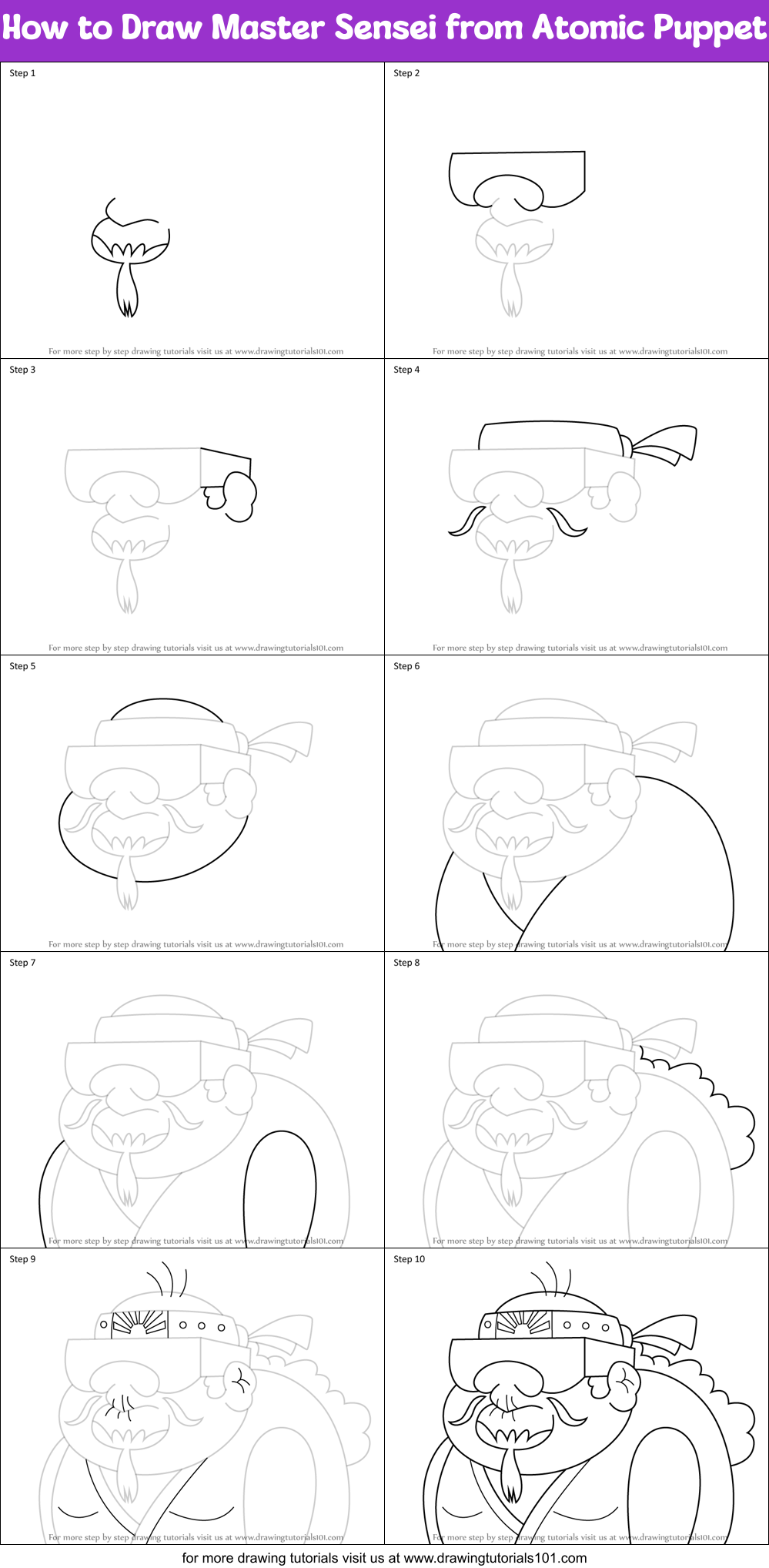 How to Draw Master Sensei from Atomic Puppet Printable Step by Step