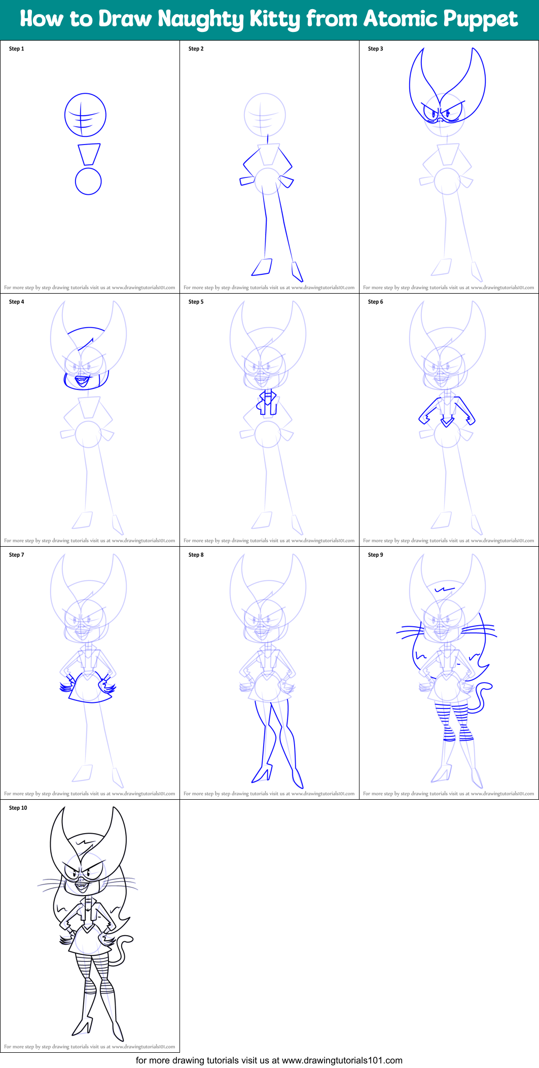 How to Draw Naughty Kitty from Atomic Puppet Printable Step by Step