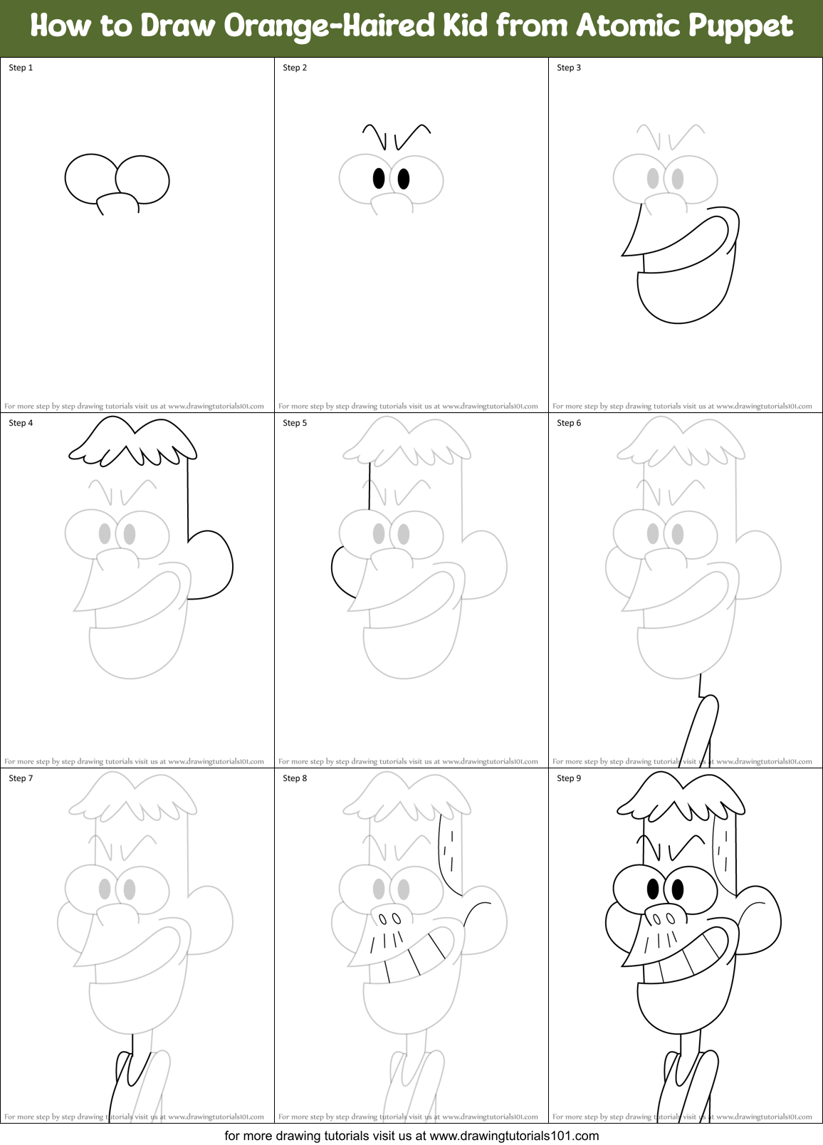 How to Draw Orange-Haired Kid from Atomic Puppet Printable Step by Step