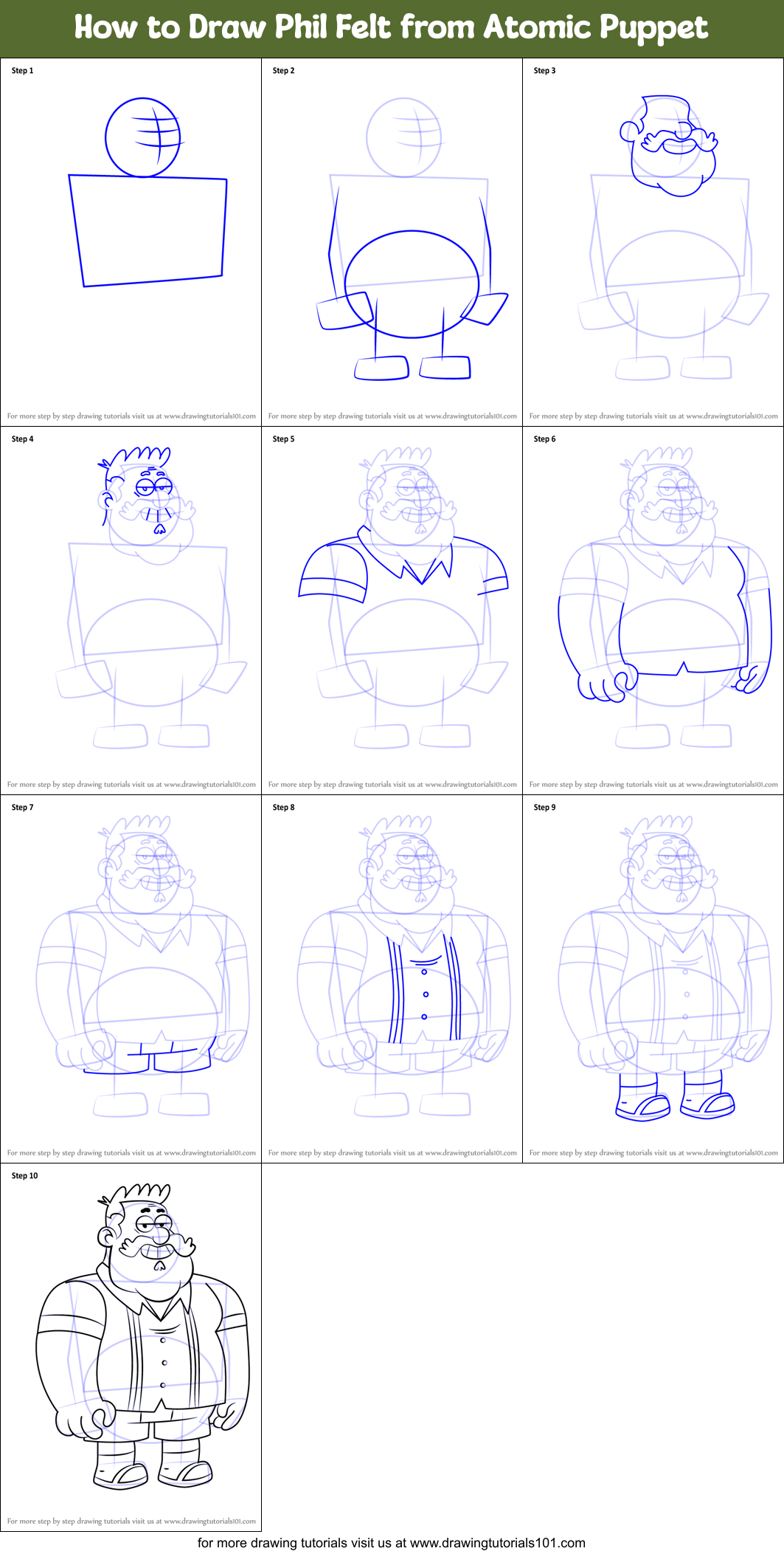How to Draw Phil Felt from Atomic Puppet Printable Step by Step
