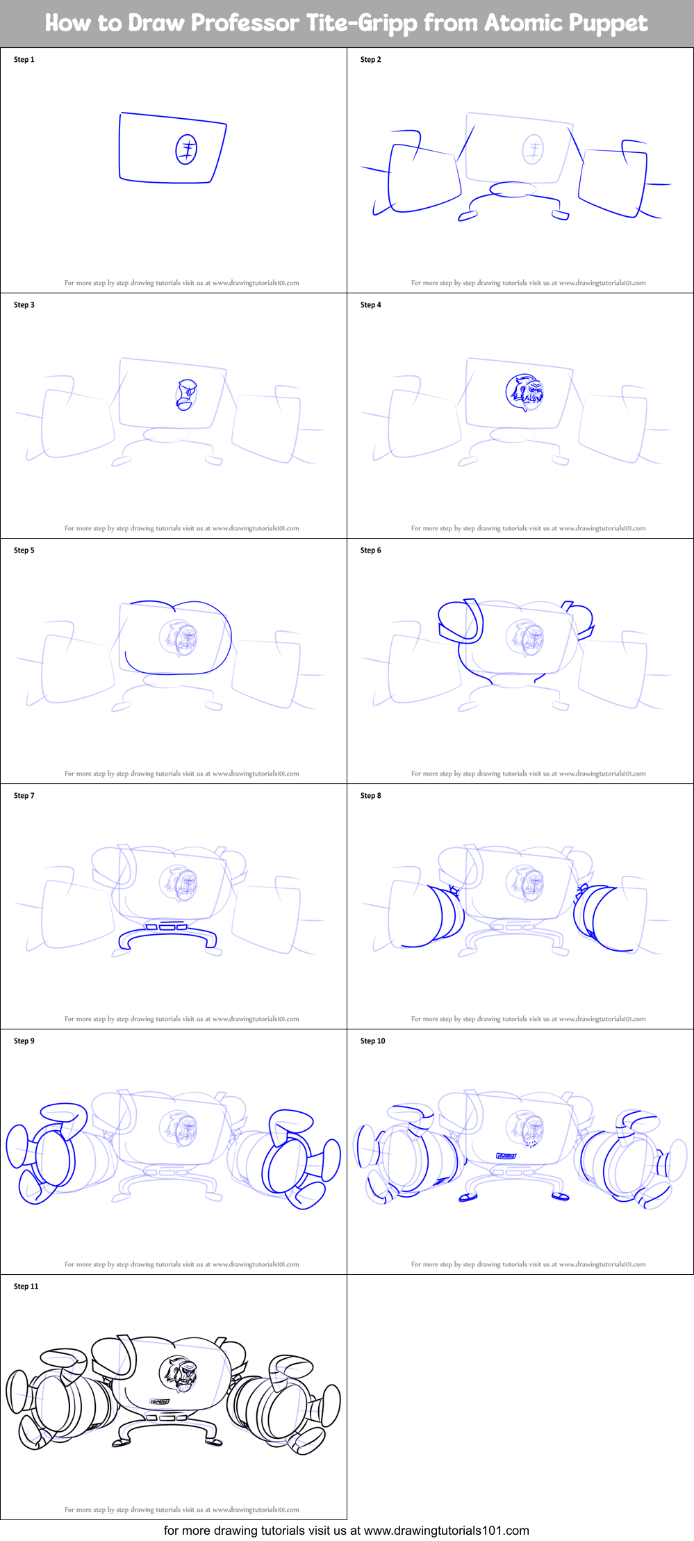 How to Draw Professor Tite-Gripp from Atomic Puppet Printable Step by Step