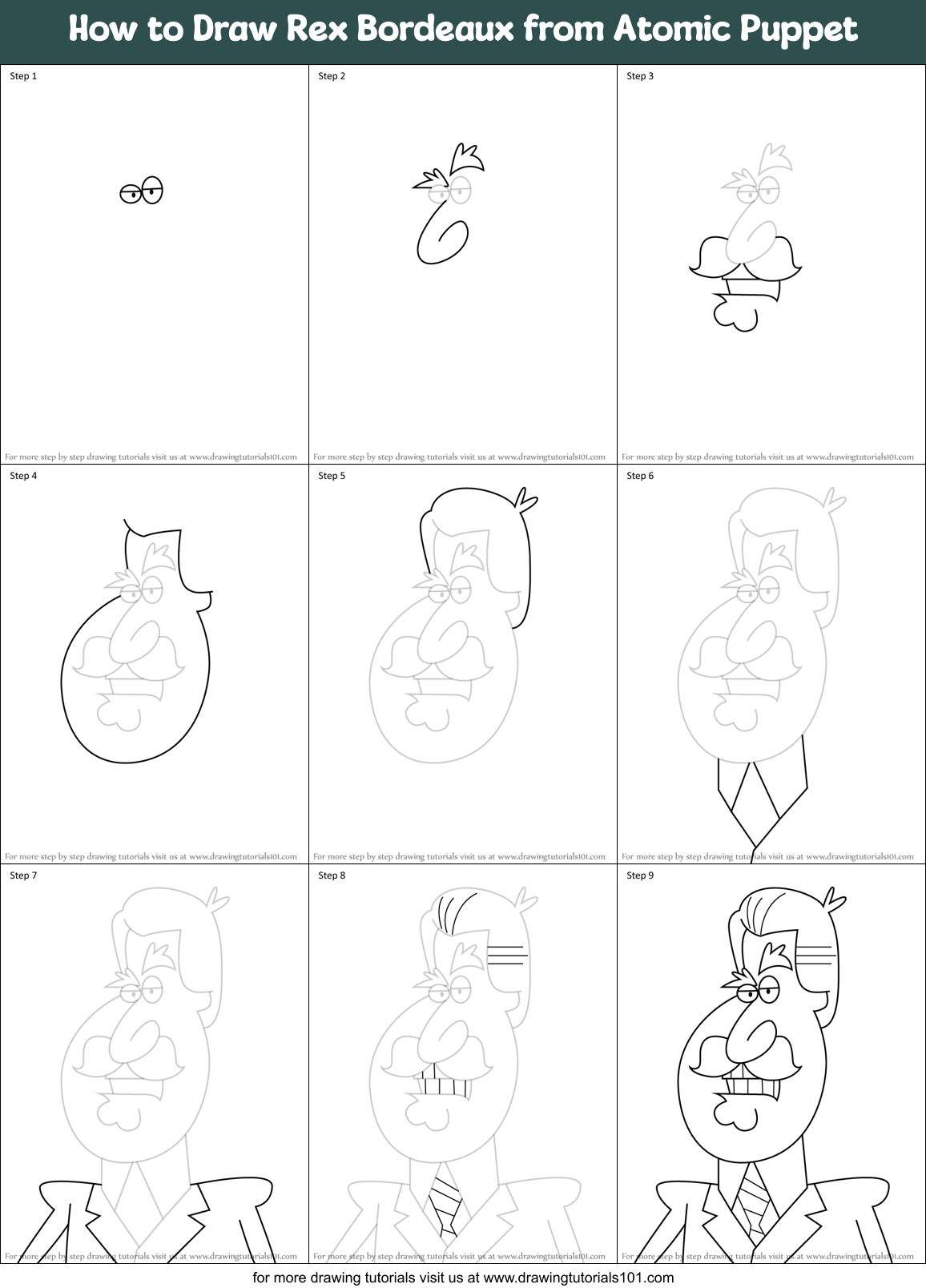 How to Draw Rex Bordeaux from Atomic Puppet Printable Step by Step