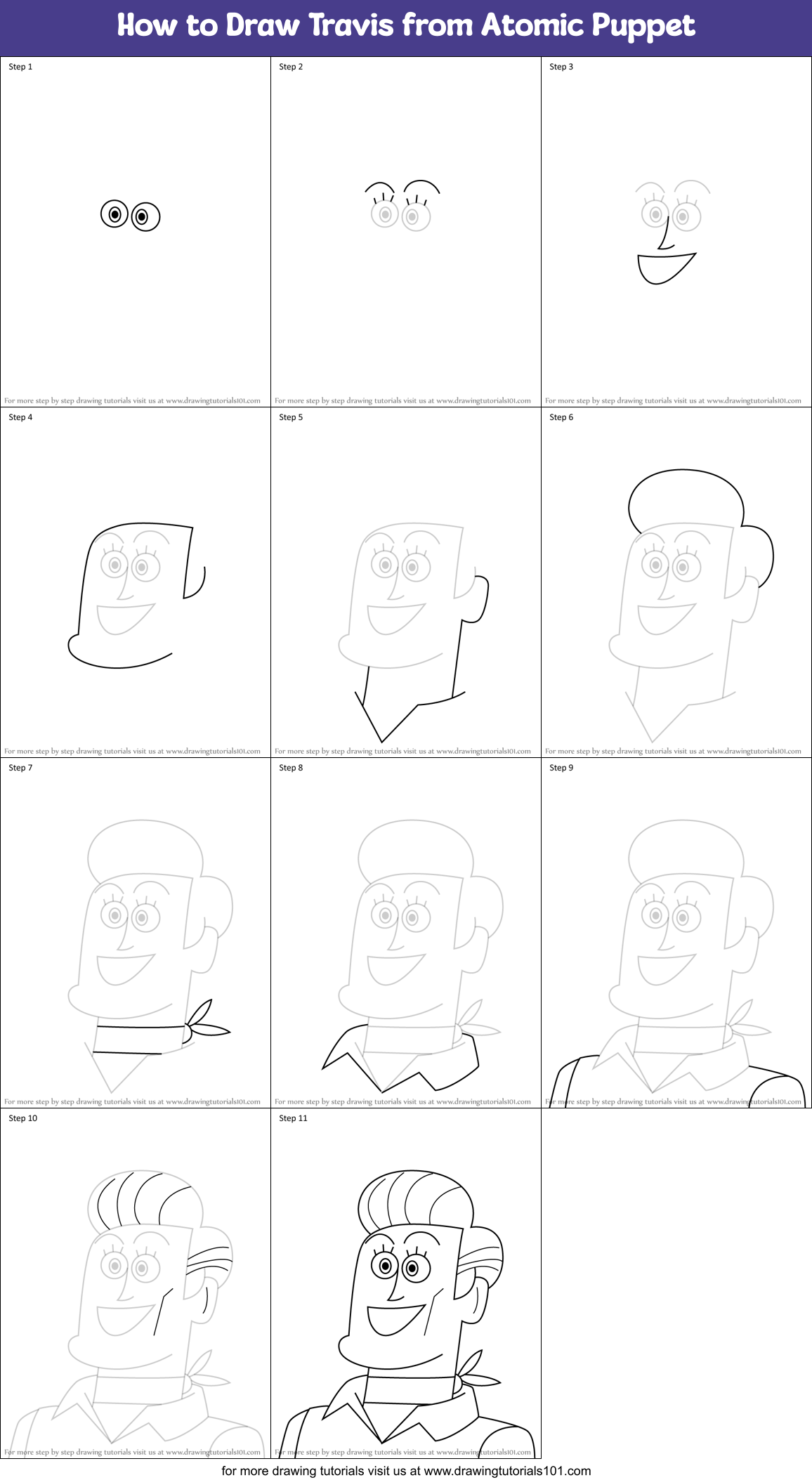 How to Draw Travis from Atomic Puppet Printable Step by Step