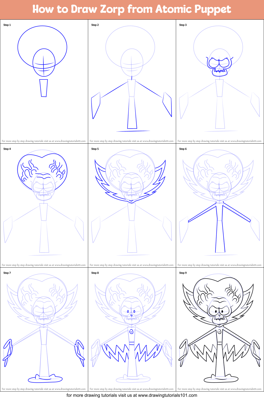 How to Draw Zorp from Atomic Puppet Printable Step by Step