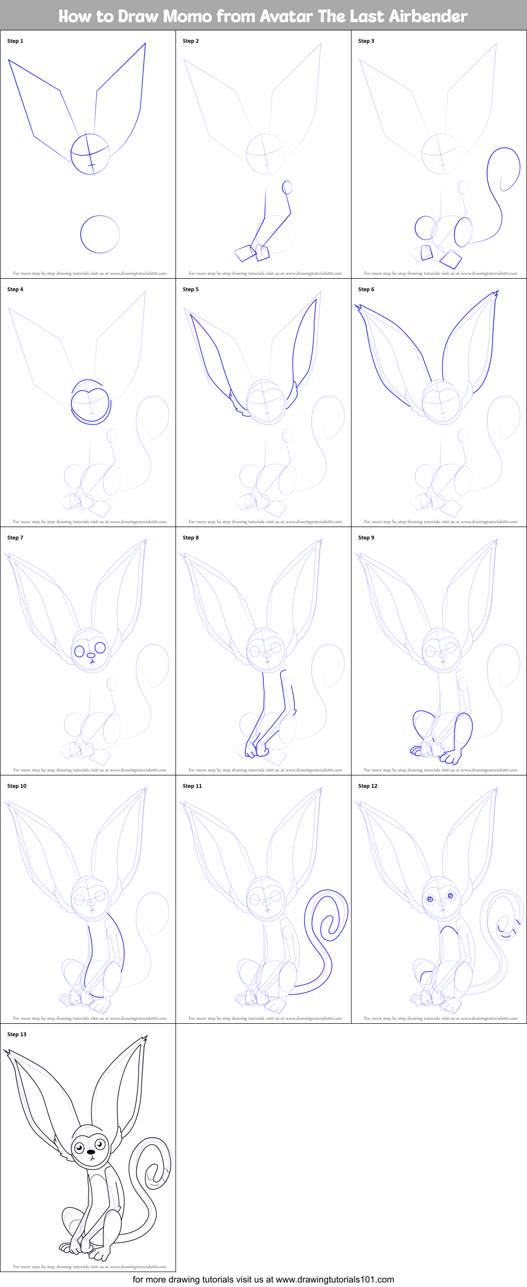 How to Draw Momo from Avatar The Last Airbender printable step by step