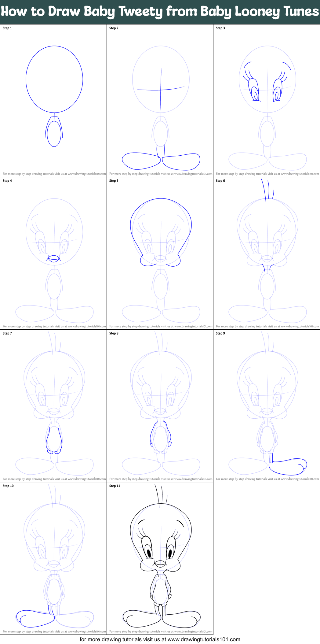 How to Draw Baby Tweety from Baby Looney Tunes printable step by step
