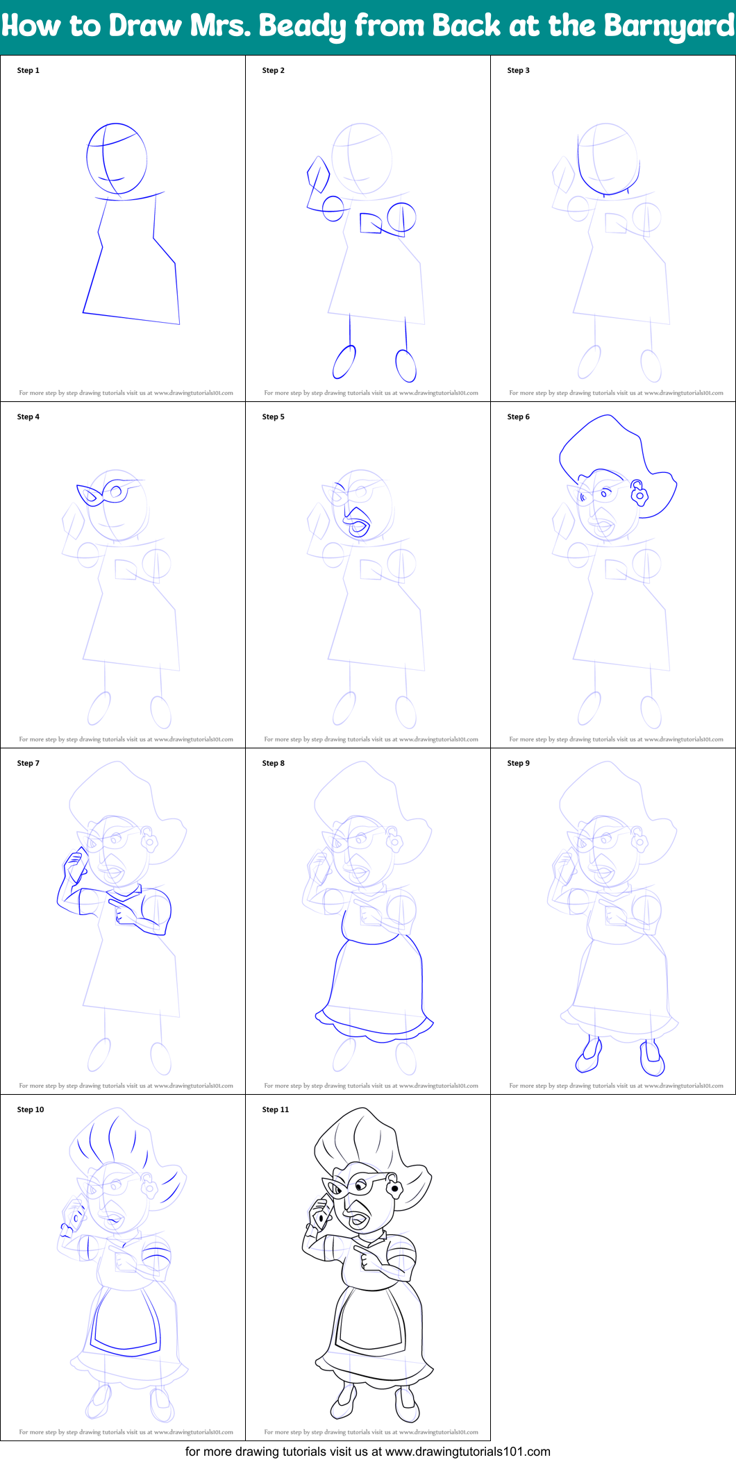 How to Draw Mrs. Beady from Back at the Barnyard Printable Step by Step