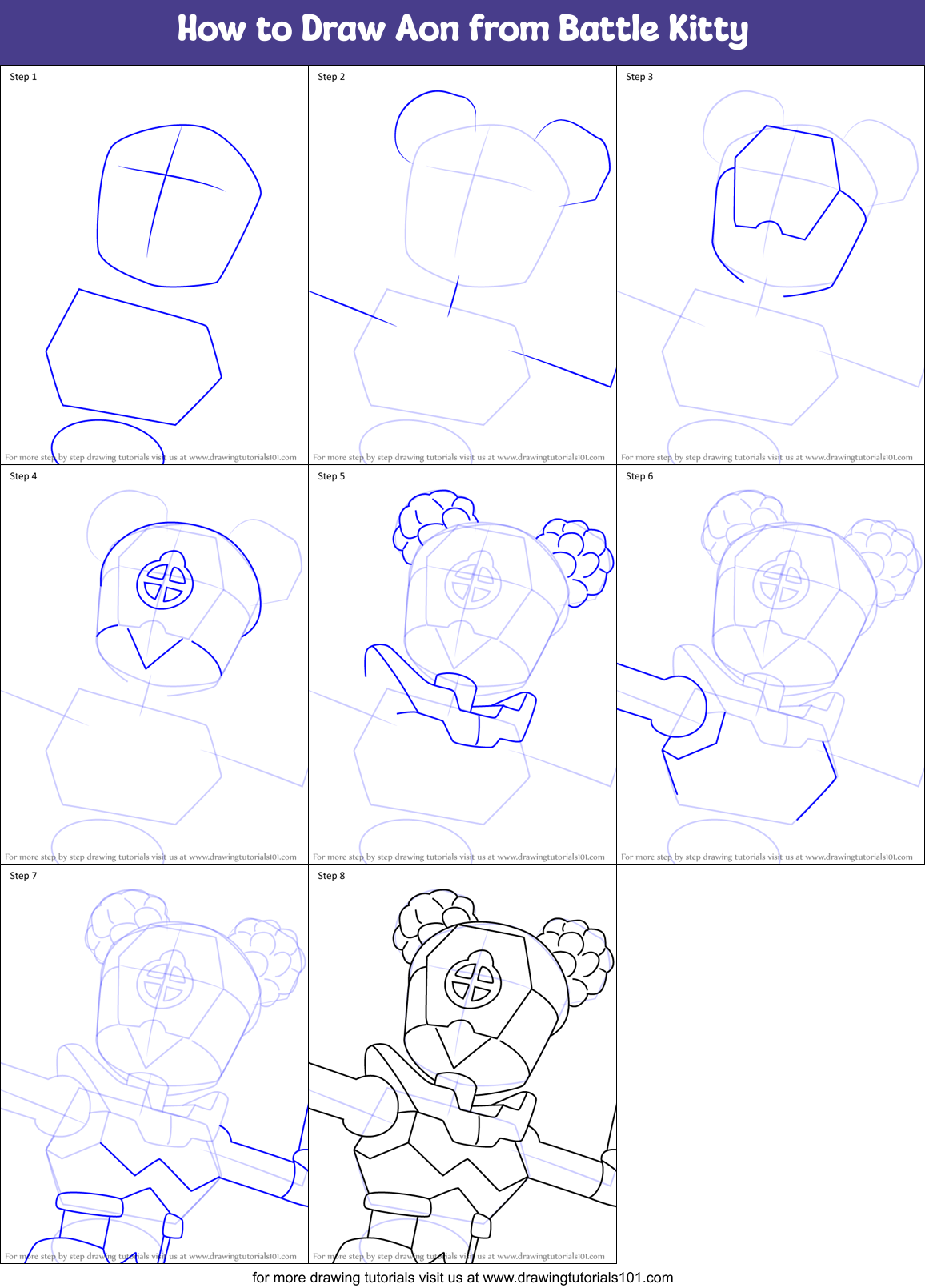 How to Draw Aon from Battle Kitty Printable Step by Step