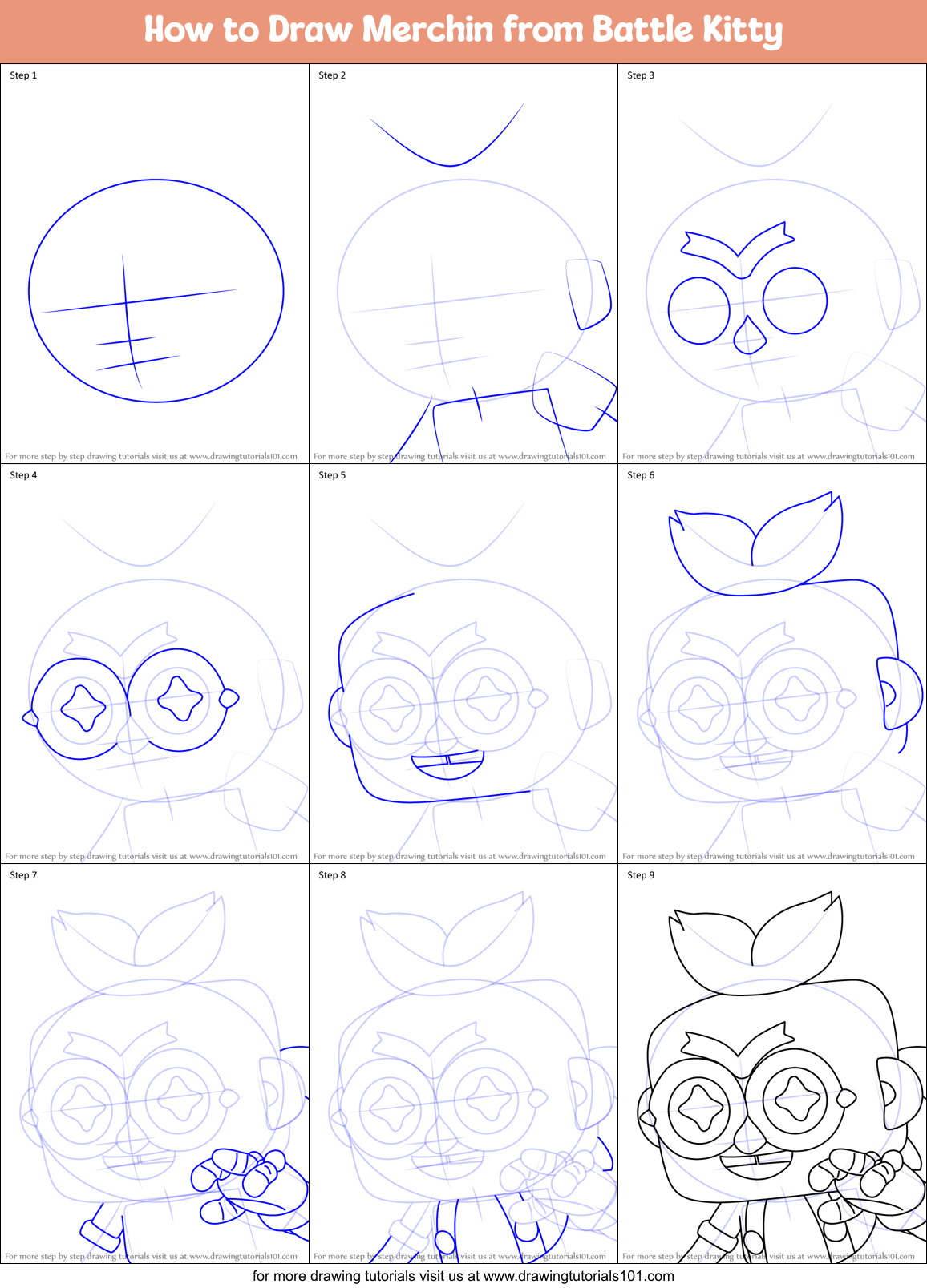 How to Draw Merchin from Battle Kitty Printable Step by Step