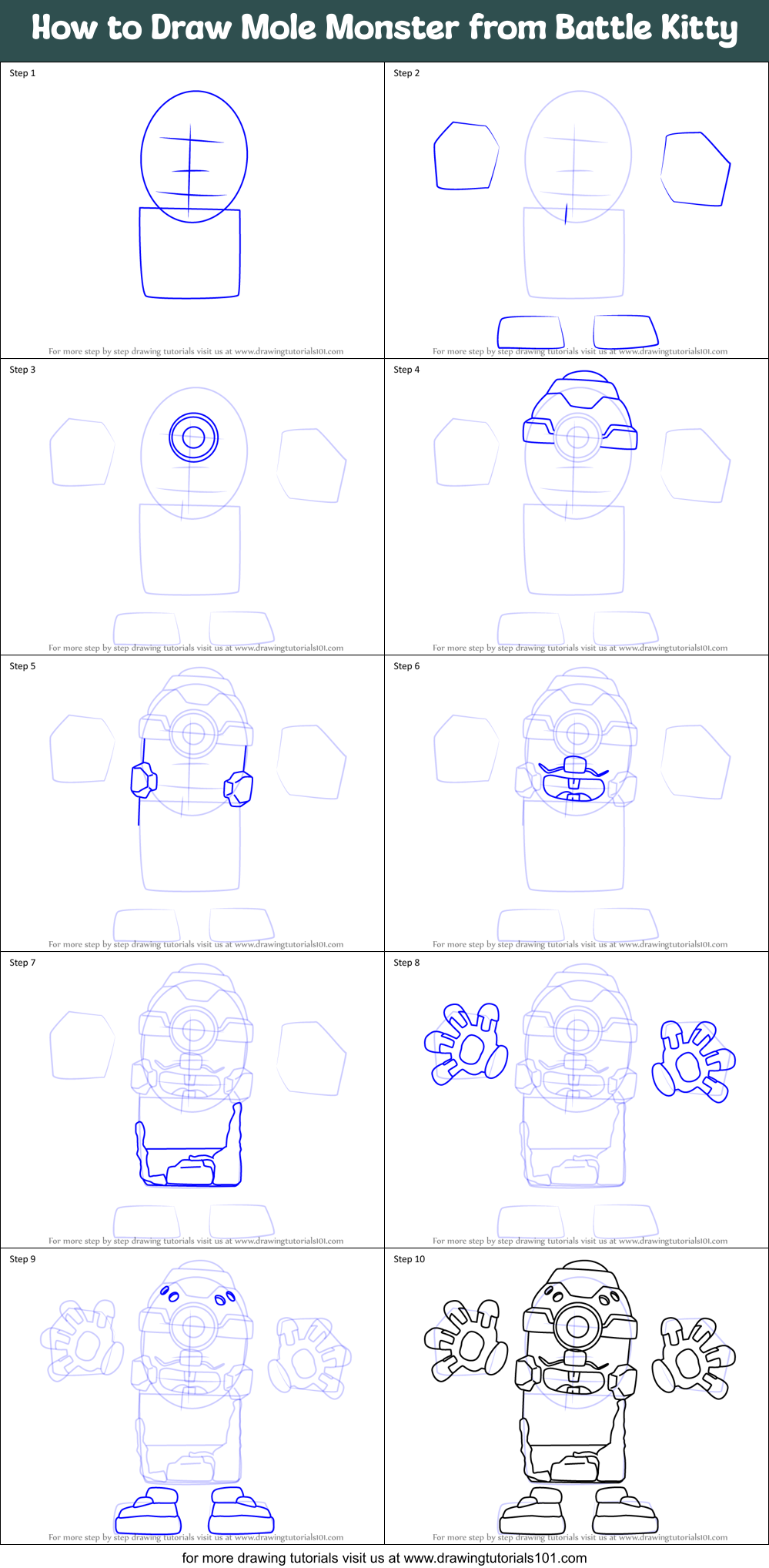 How to Draw Mole Monster from Battle Kitty Printable Step by Step