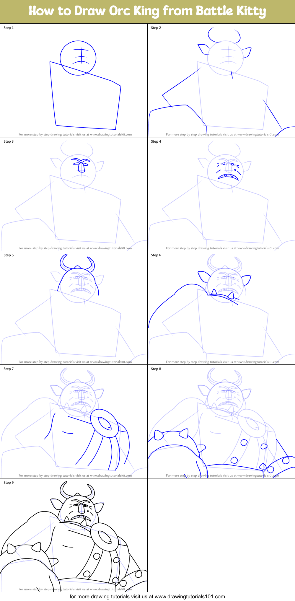 How to Draw Orc King from Battle Kitty Printable Step by Step