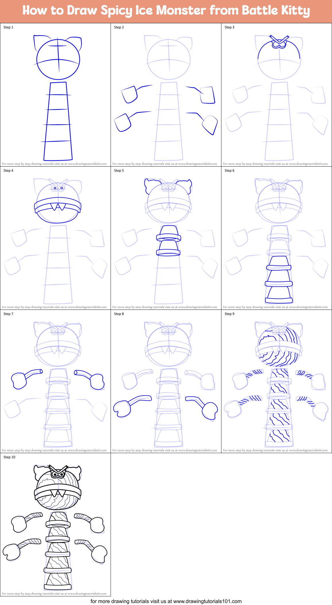 How to Draw Spicy Ice Monster from Battle Kitty Printable Step by Step