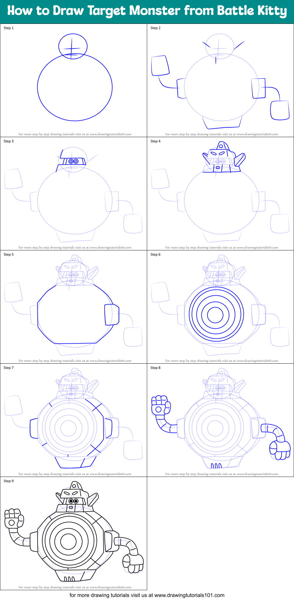 How to Draw Target Monster from Battle Kitty Printable Step by Step
