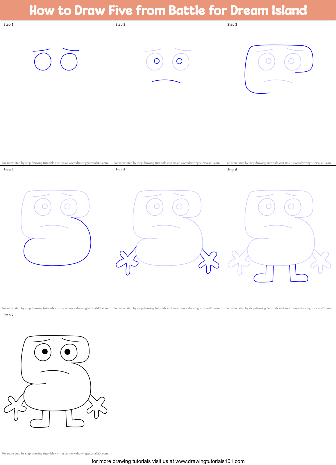 How to Draw Five from Battle for Dream Island Printable Step by Step