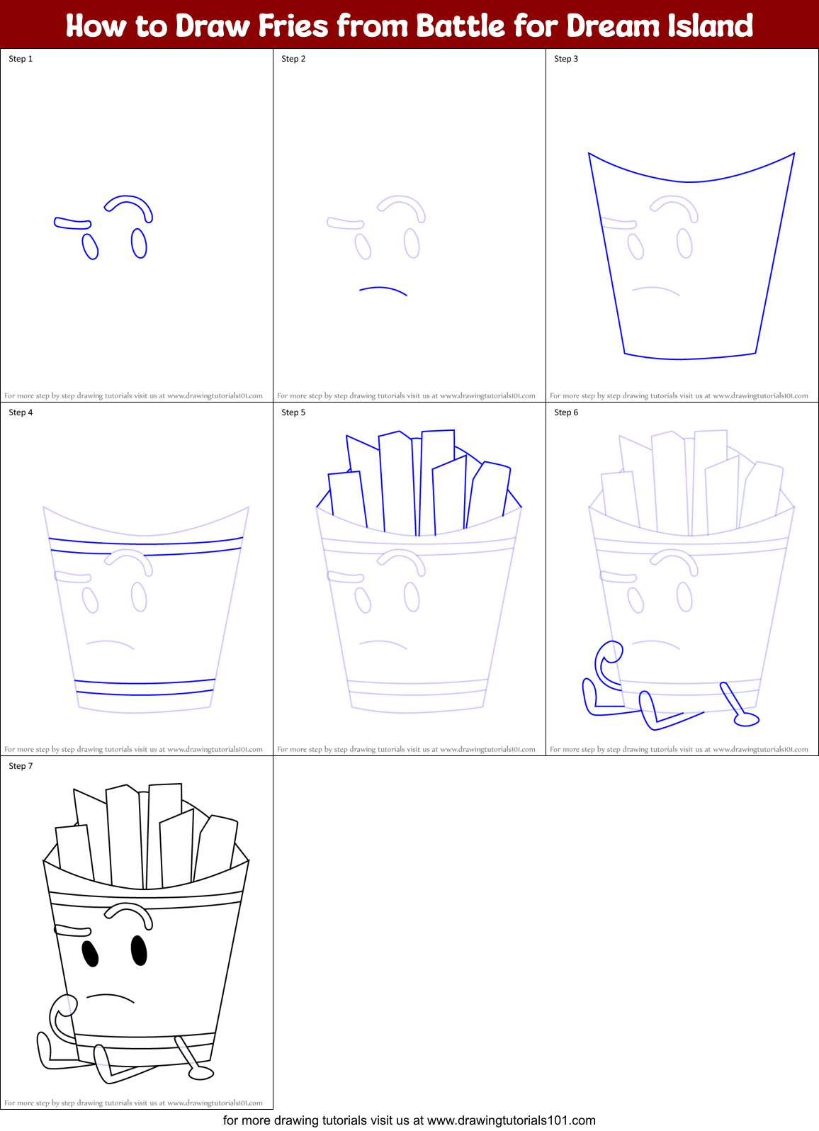 How to Draw Fries from Battle for Dream Island Printable Step by Step