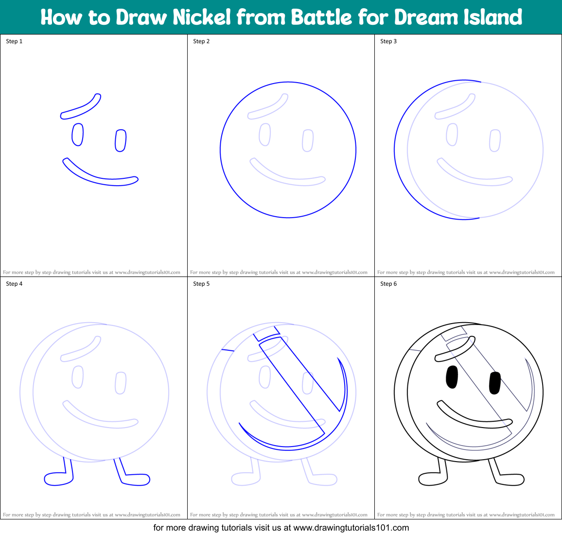 How to Draw Nickel from Battle for Dream Island Printable Step by Step