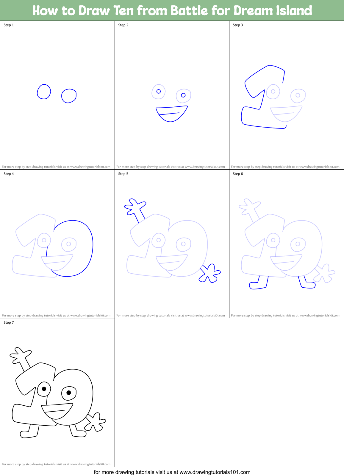 How to Draw Ten from Battle for Dream Island Printable Step by Step