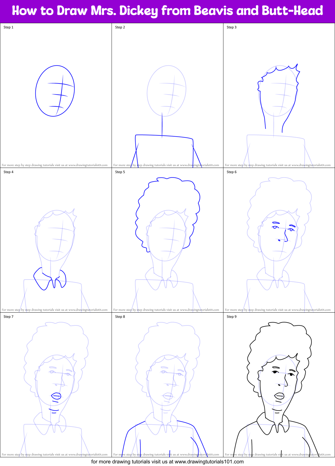 How to Draw Mrs. Dickey from Beavis and Butt-Head Printable Step by Step