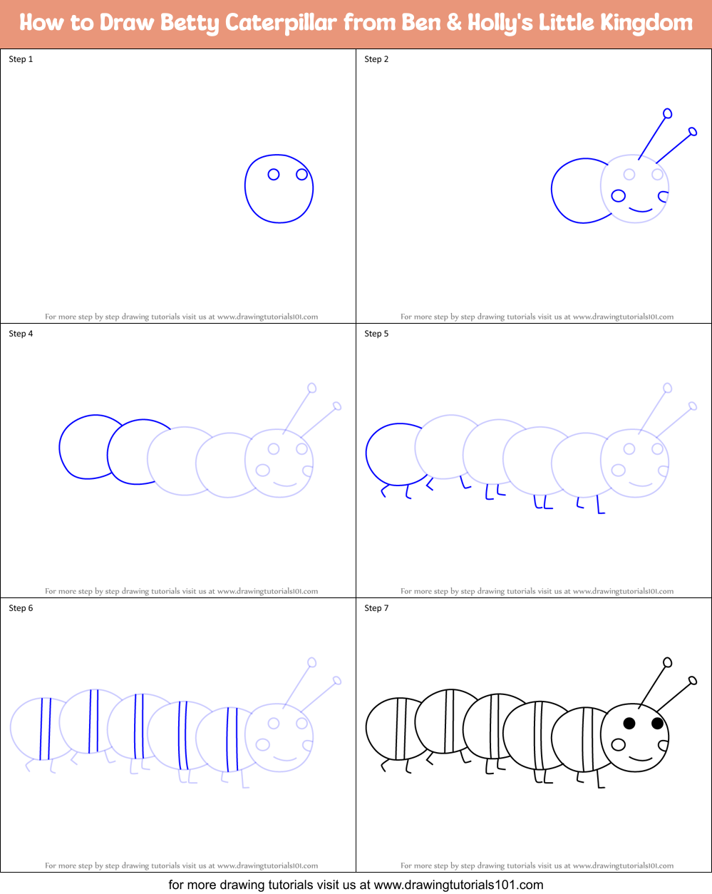 How to Draw Betty Caterpillar from Ben & Holly's Little Kingdom Printable Step by Step