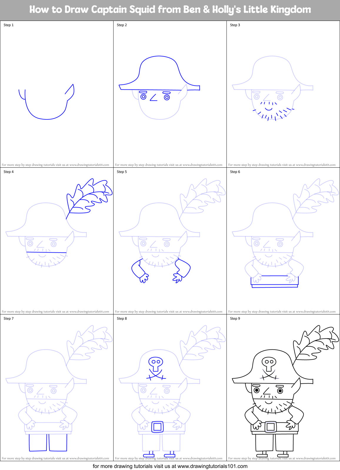 How to Draw Captain Squid from Ben & Holly's Little Kingdom Printable Step by Step