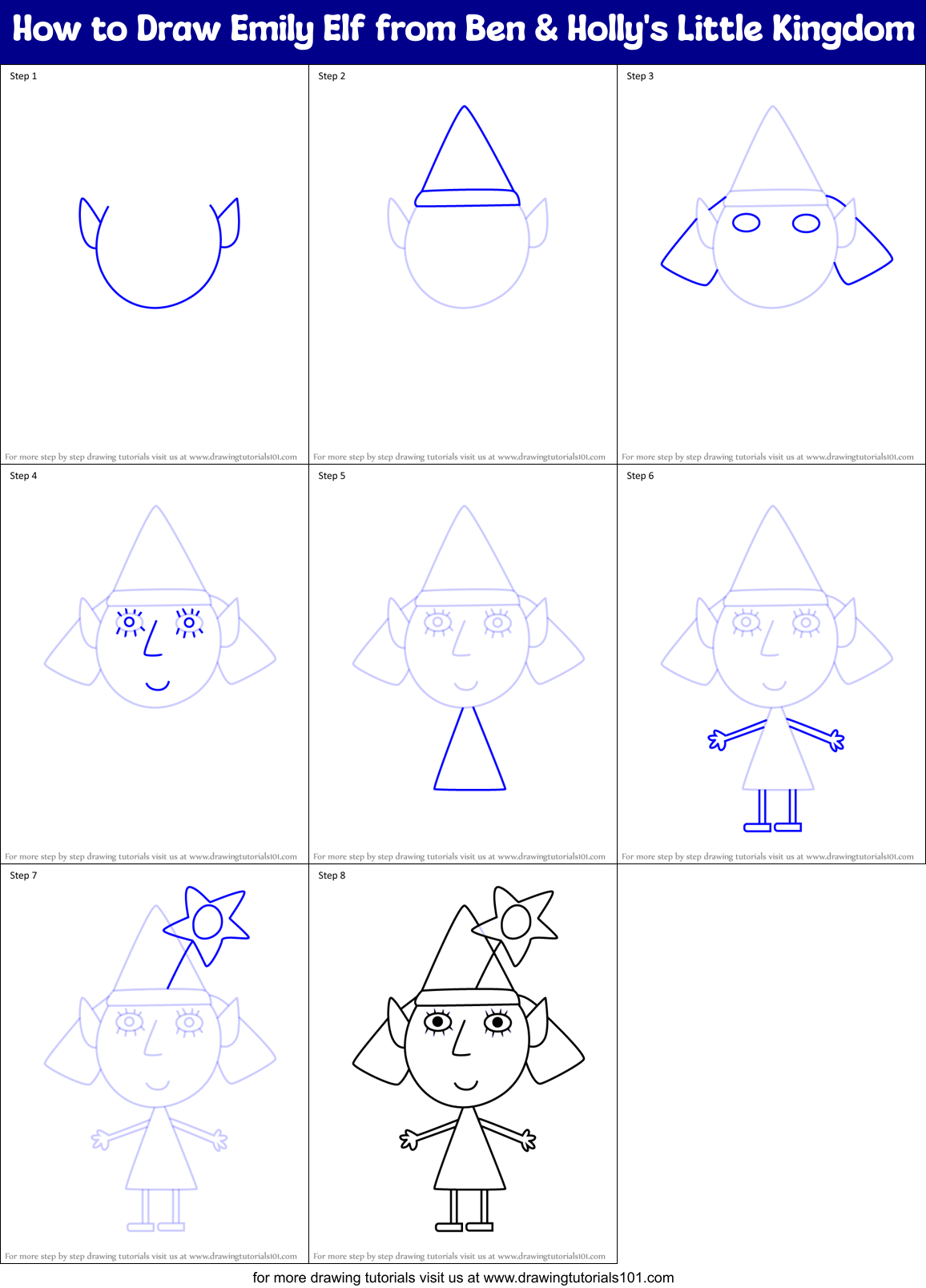 How to Draw Emily Elf from Ben & Holly's Little Kingdom Printable Step by Step