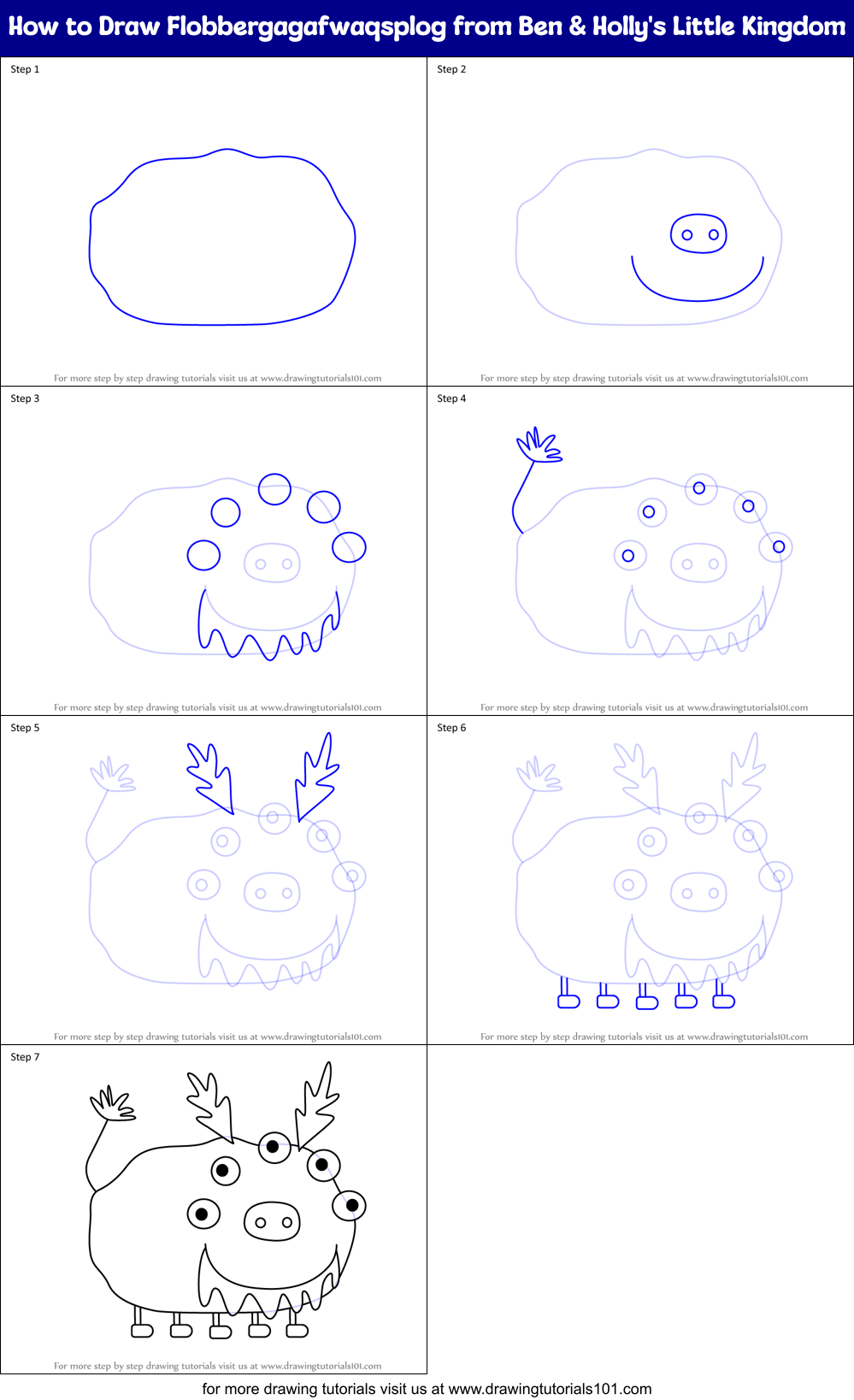 How to Draw Flobbergagafwaqsplog from Ben & Holly's Little Kingdom Printable Step by Step