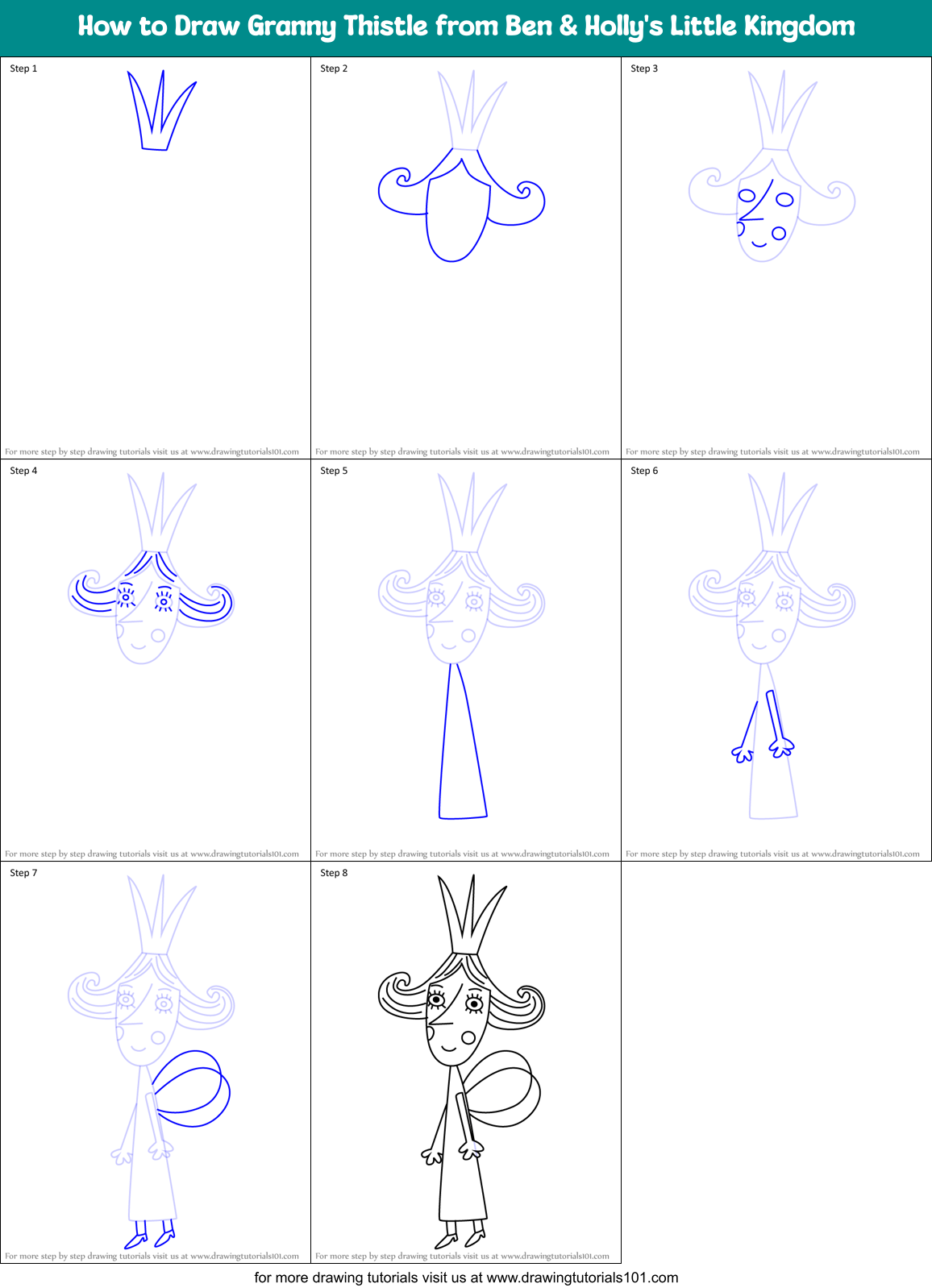 How to Draw Granny Thistle from Ben & Holly's Little Kingdom Printable Step by Step
