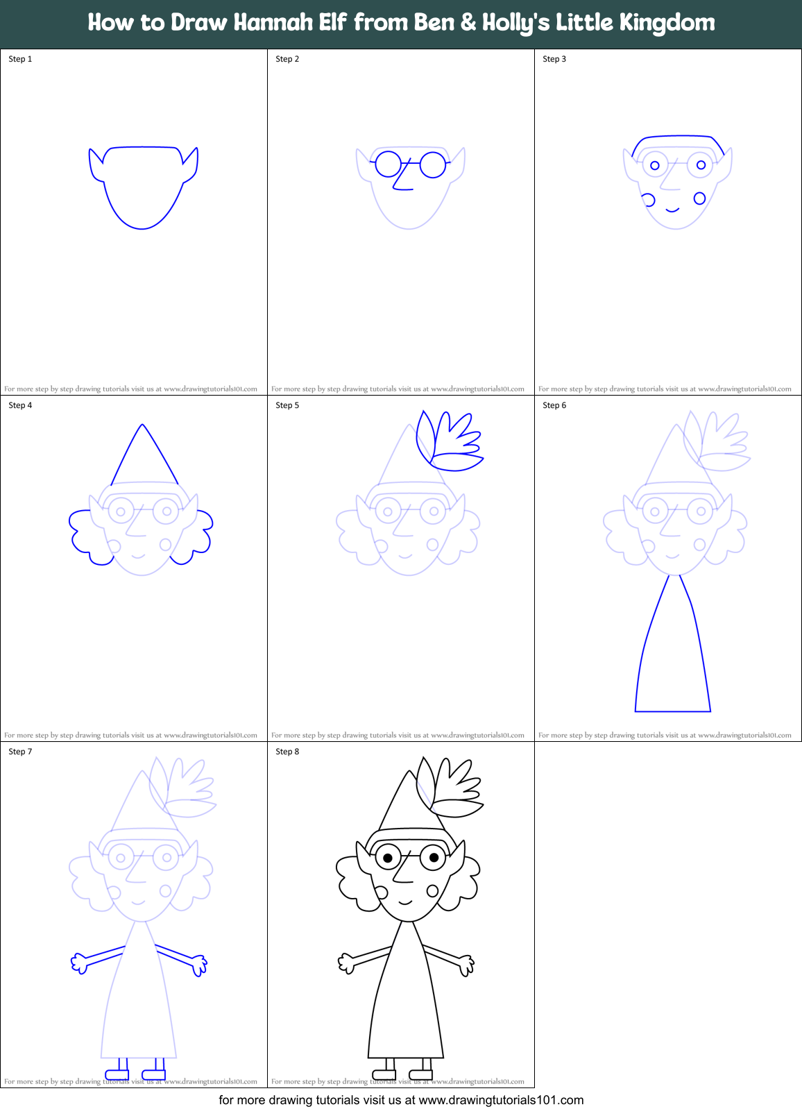 How to Draw Hannah Elf from Ben & Holly's Little Kingdom Printable Step by Step