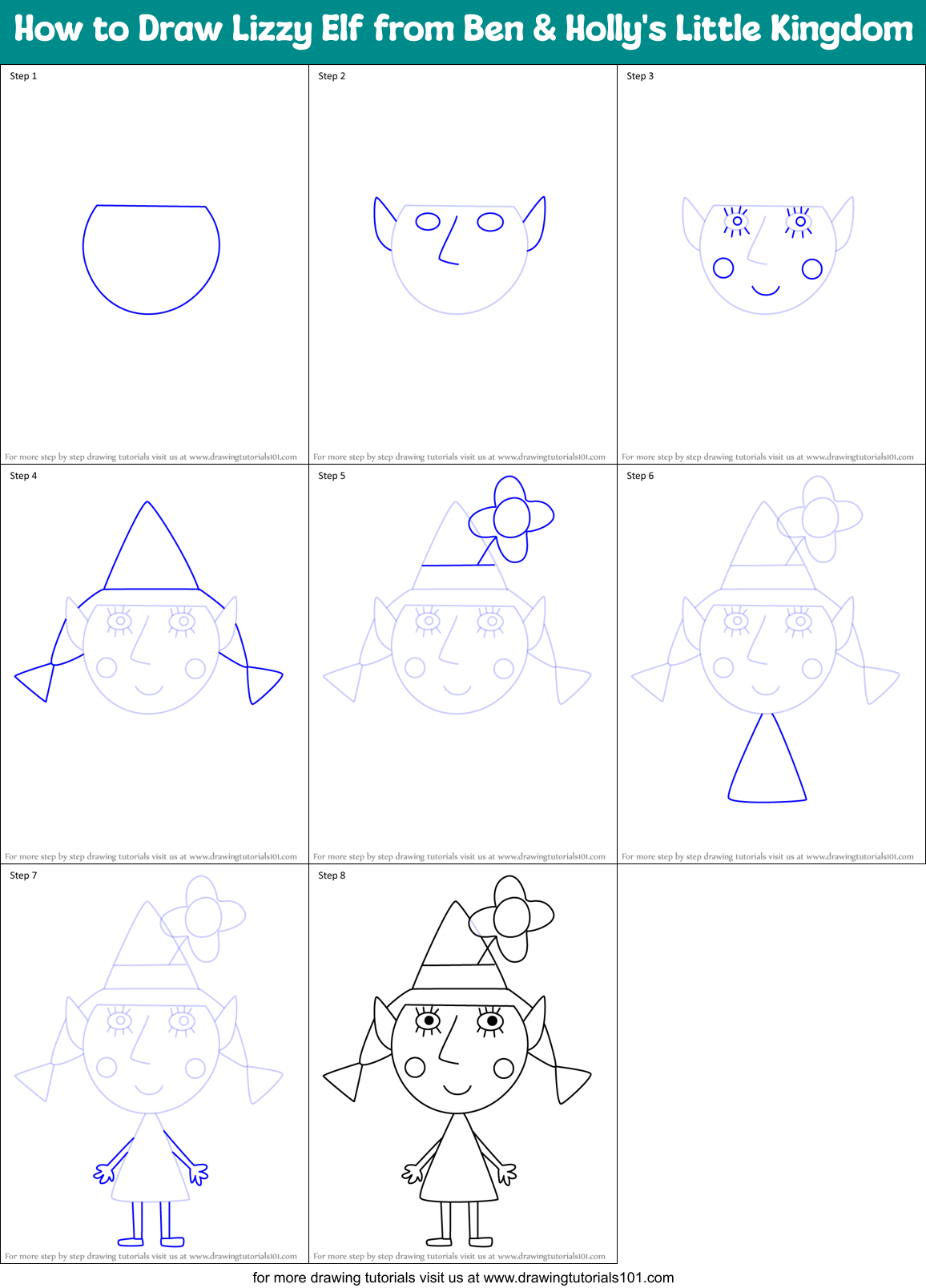 How to Draw Lizzy Elf from Ben & Holly's Little Kingdom Printable Step by Step