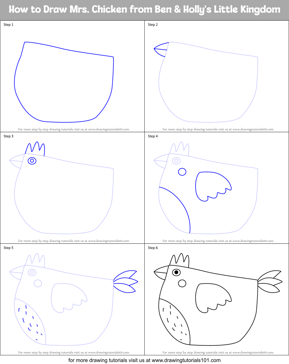 How to Draw Mrs. Chicken from Ben & Holly's Little Kingdom Printable Step by Step
