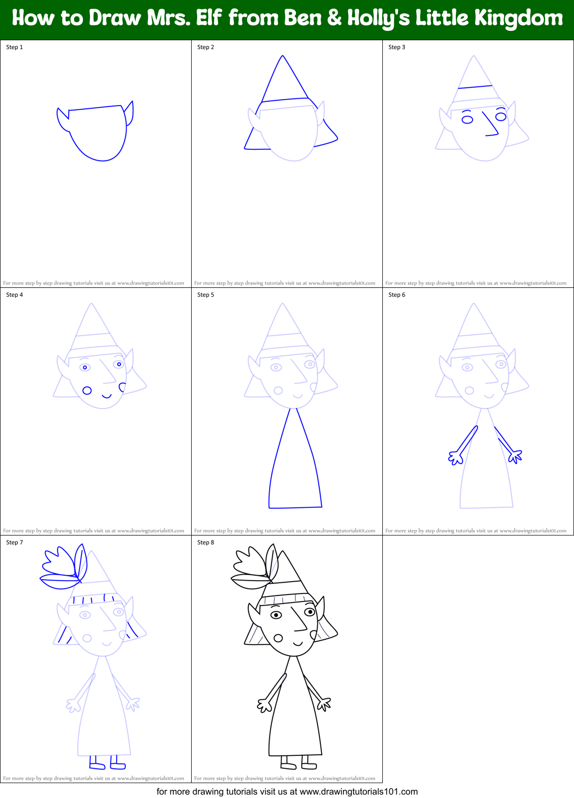 How to Draw Mrs. Elf from Ben & Holly's Little Kingdom Printable Step by Step