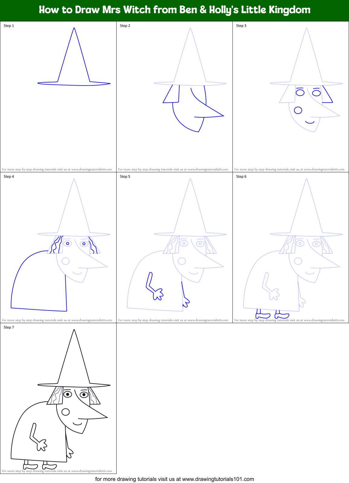 How to Draw Mrs Witch from Ben & Holly's Little Kingdom Printable Step by Step