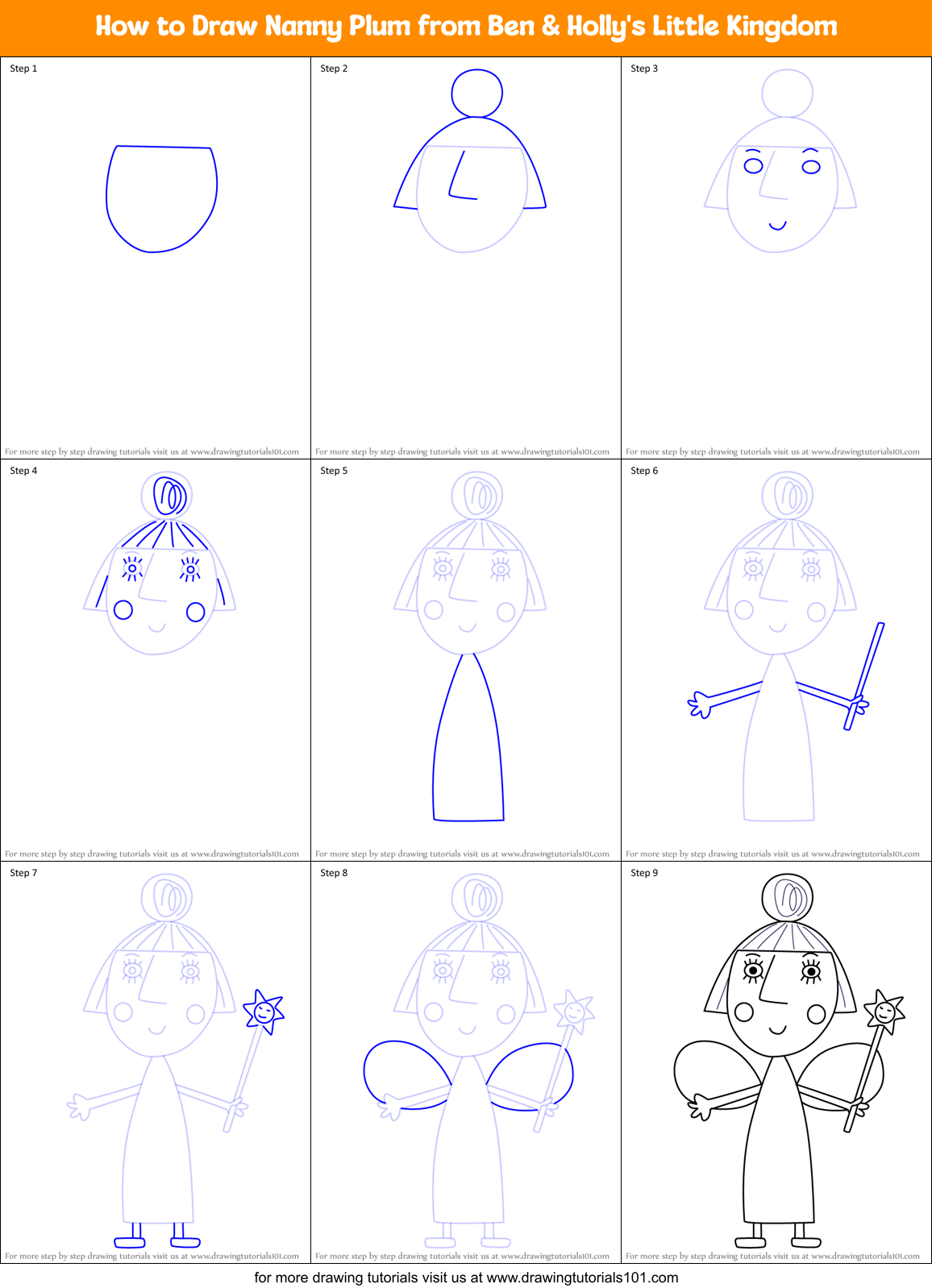 How to Draw Nanny Plum from Ben & Holly's Little Kingdom Printable Step by Step