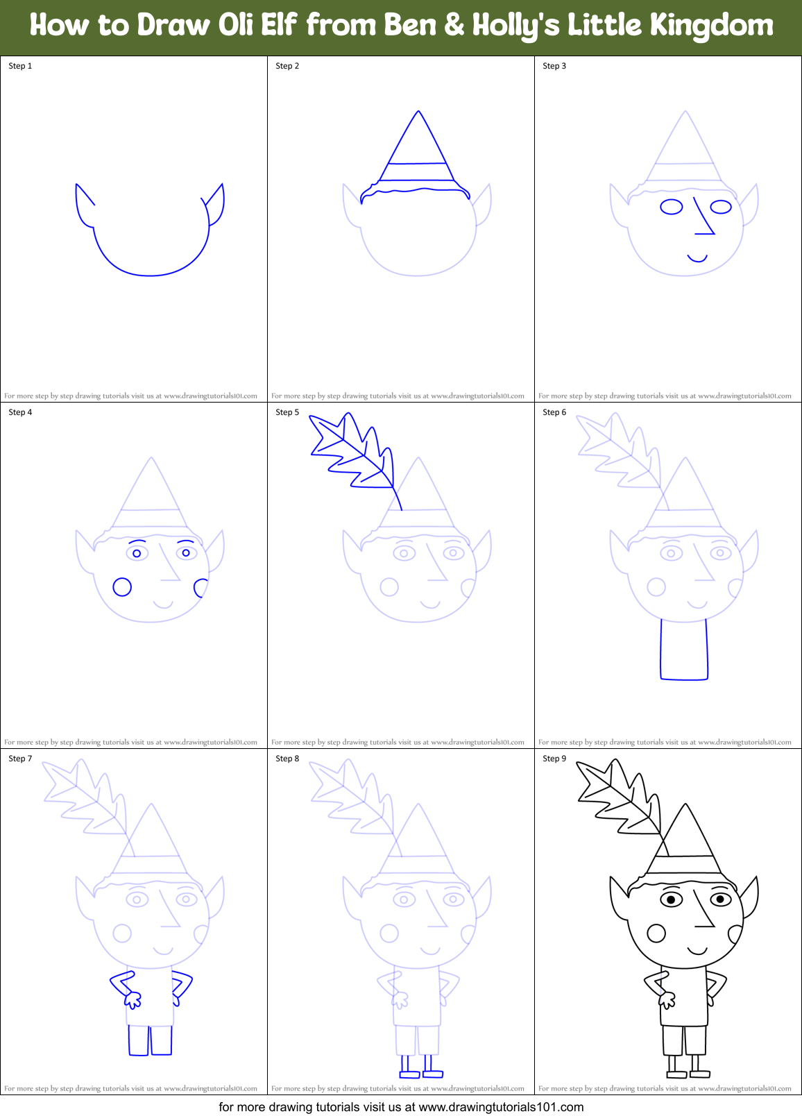 How to Draw Oli Elf from Ben & Holly's Little Kingdom Printable Step by Step