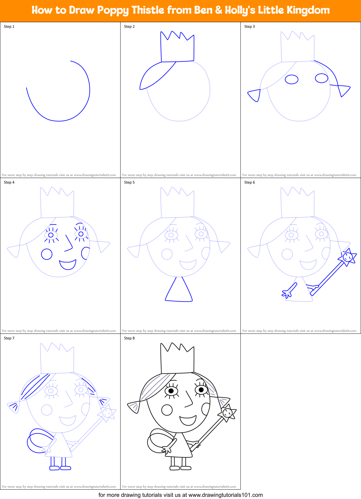 How to Draw Poppy Thistle from Ben & Holly's Little Kingdom Printable Step by Step