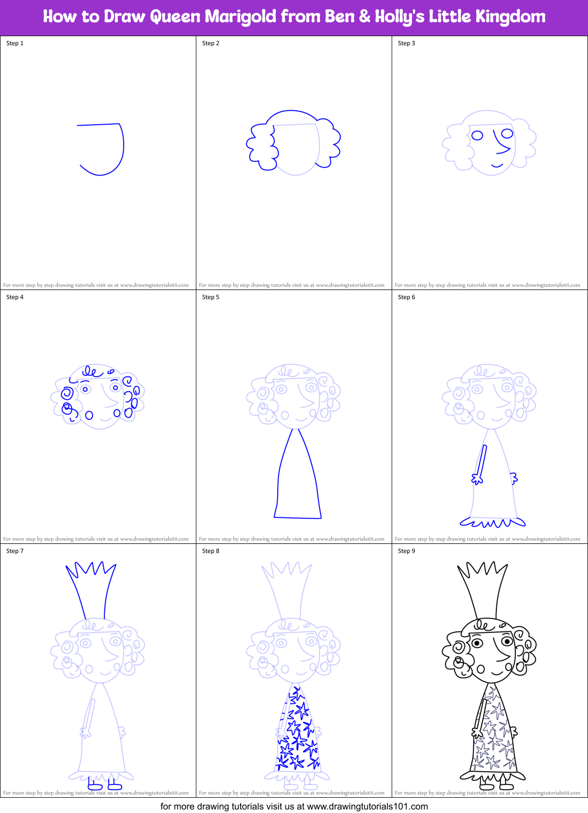 How to Draw Queen Marigold from Ben & Holly's Little Kingdom Printable Step by Step